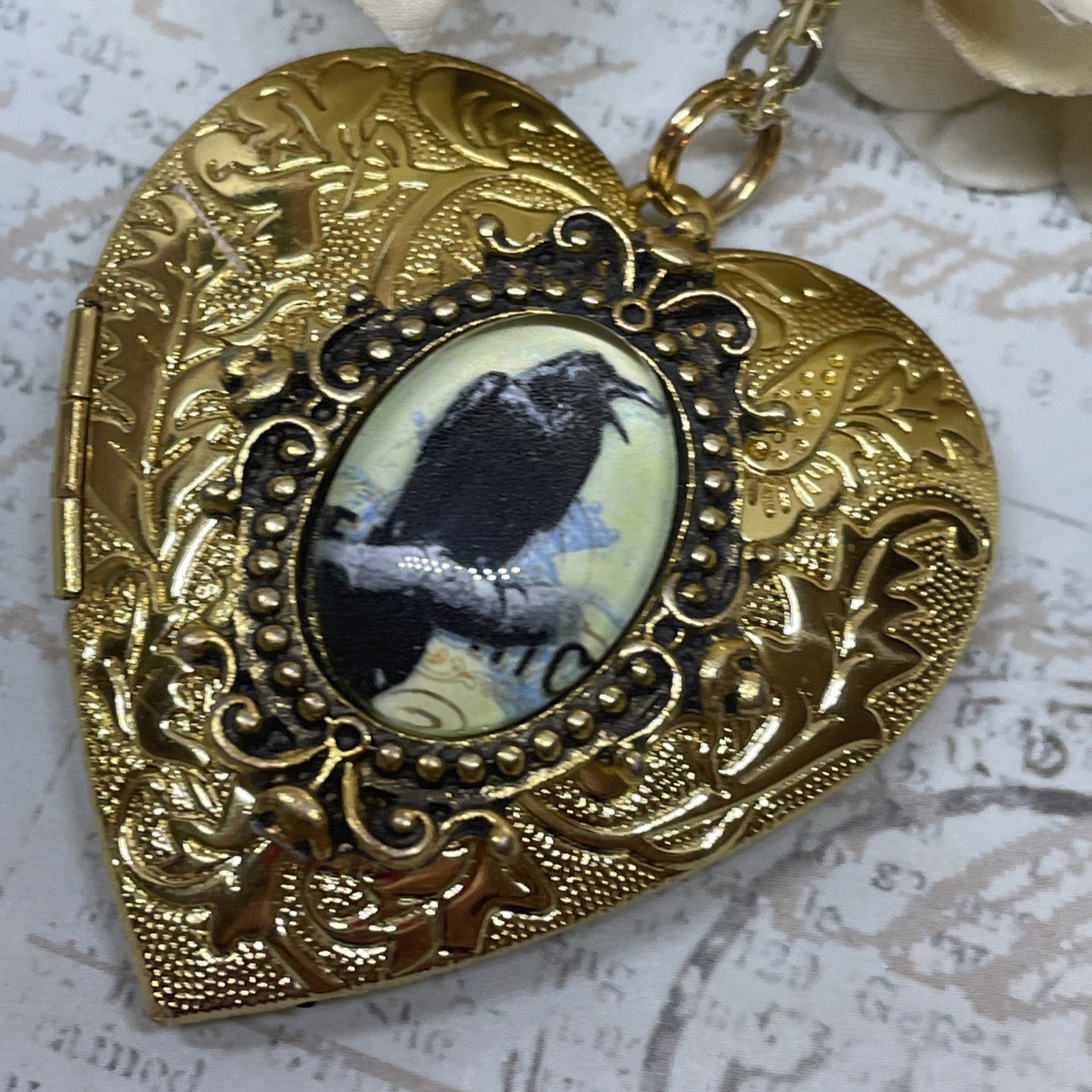 Gold Heart Locket Photo Gothic Raven Crow Birthday Anniversary Wedding Necklace