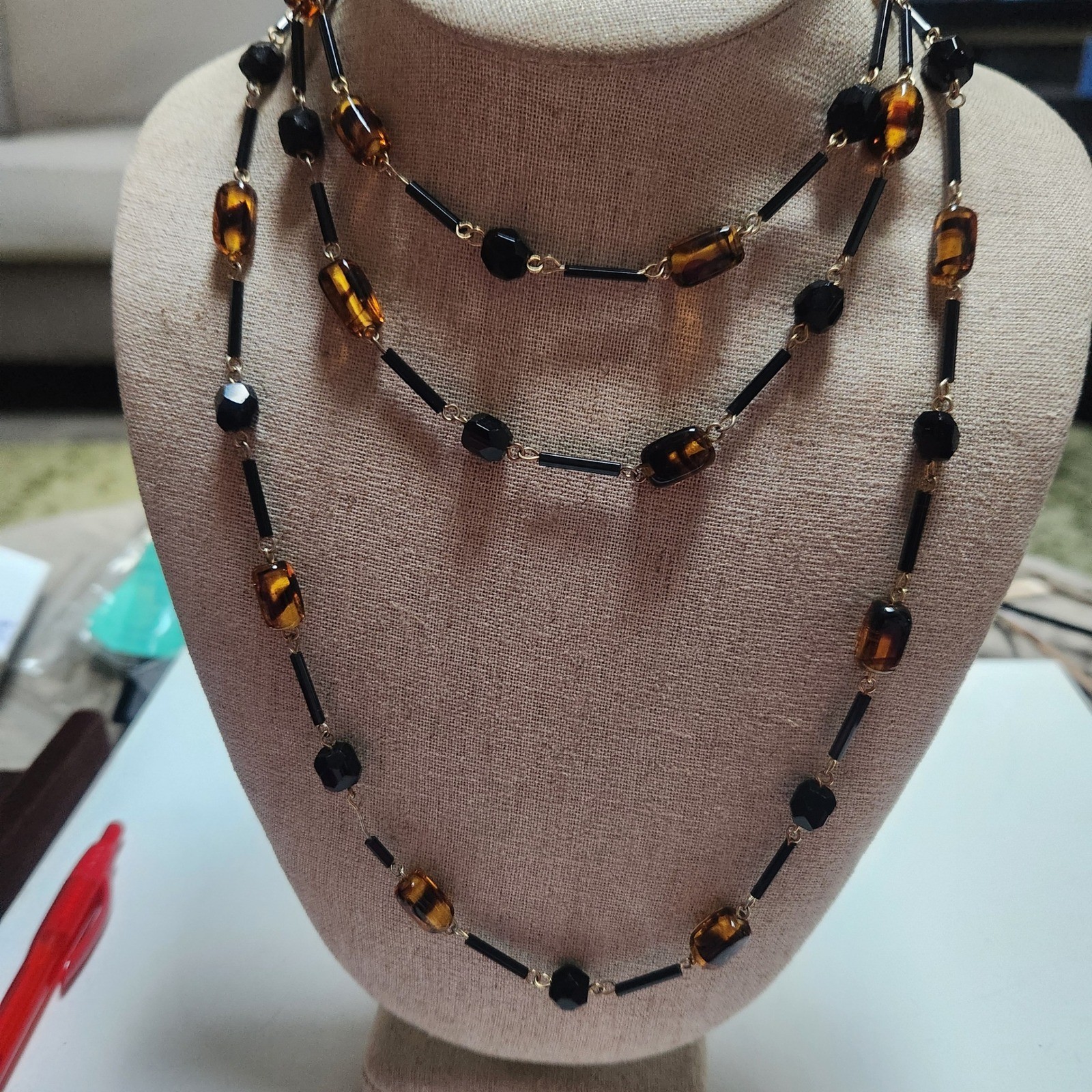 Glass Beaded Long Station Necklace Gold Tone 25in