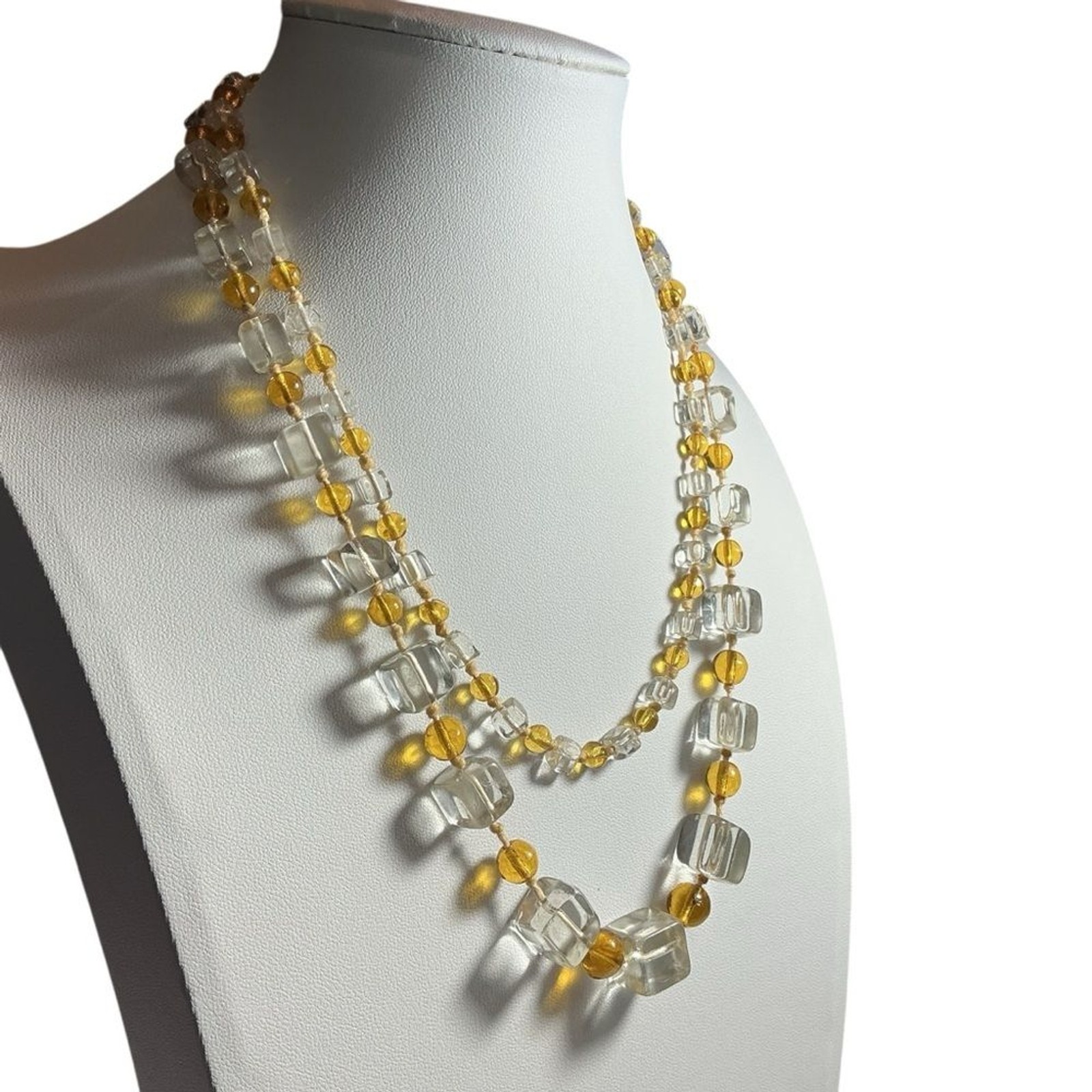 Vintage Czech Glass Necklace Yellow Graduated Cube & Clear Round Bead 36”