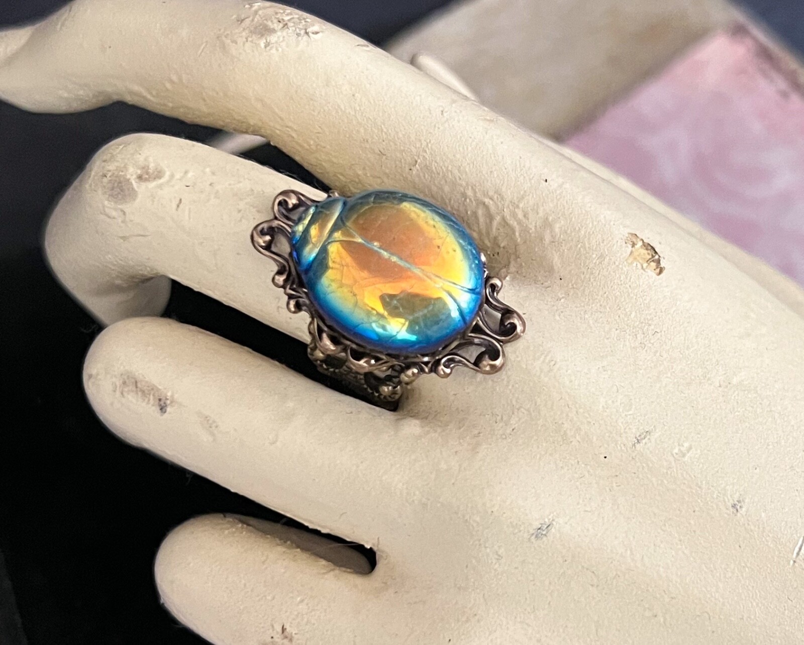 Scarab Ring Tall Egyptian Beetle Antique Czech Glass Egyptian Revival Jewelry