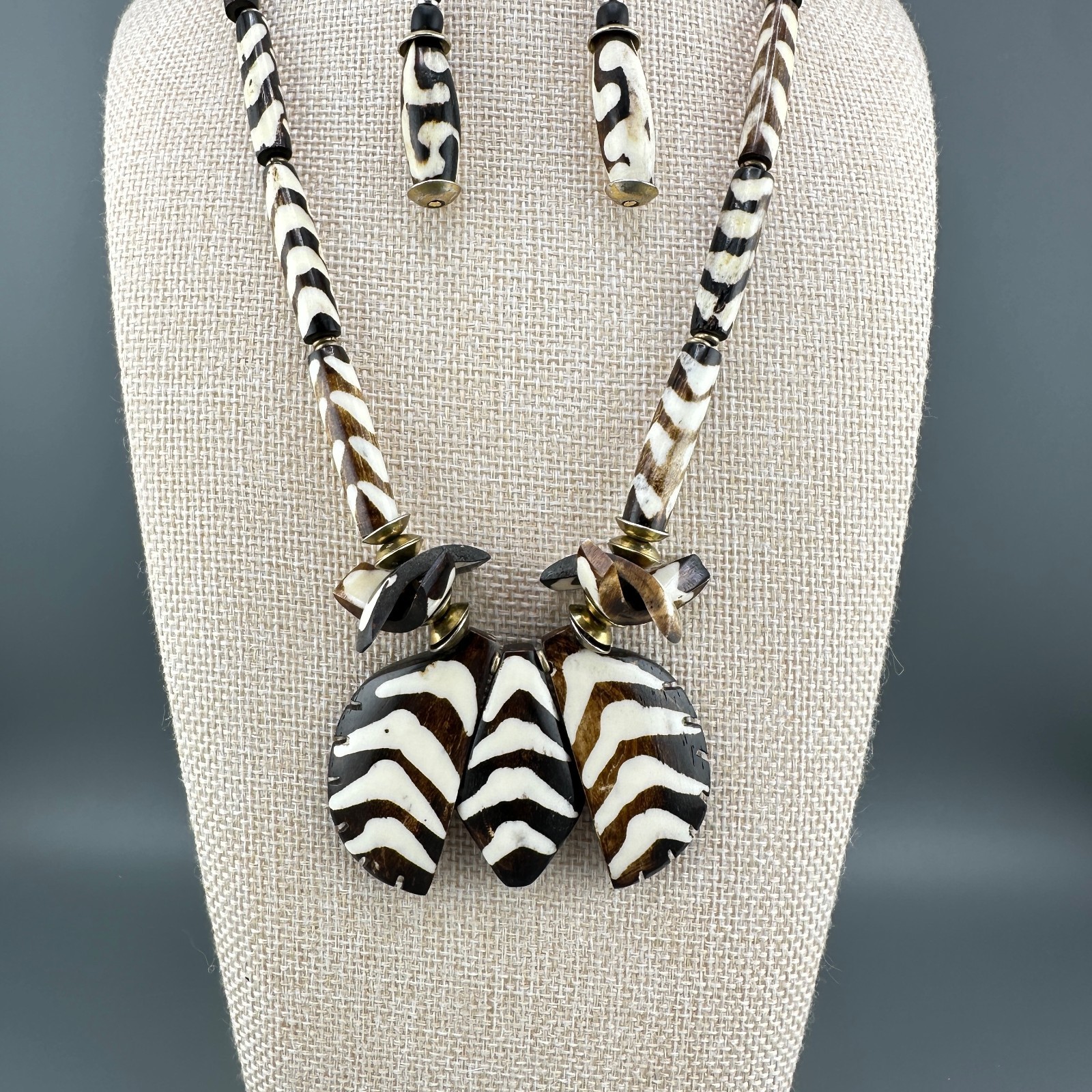 Vintage African Tribal Necklace Earrings Set Batik Bone Brown Cream Bovine Boho