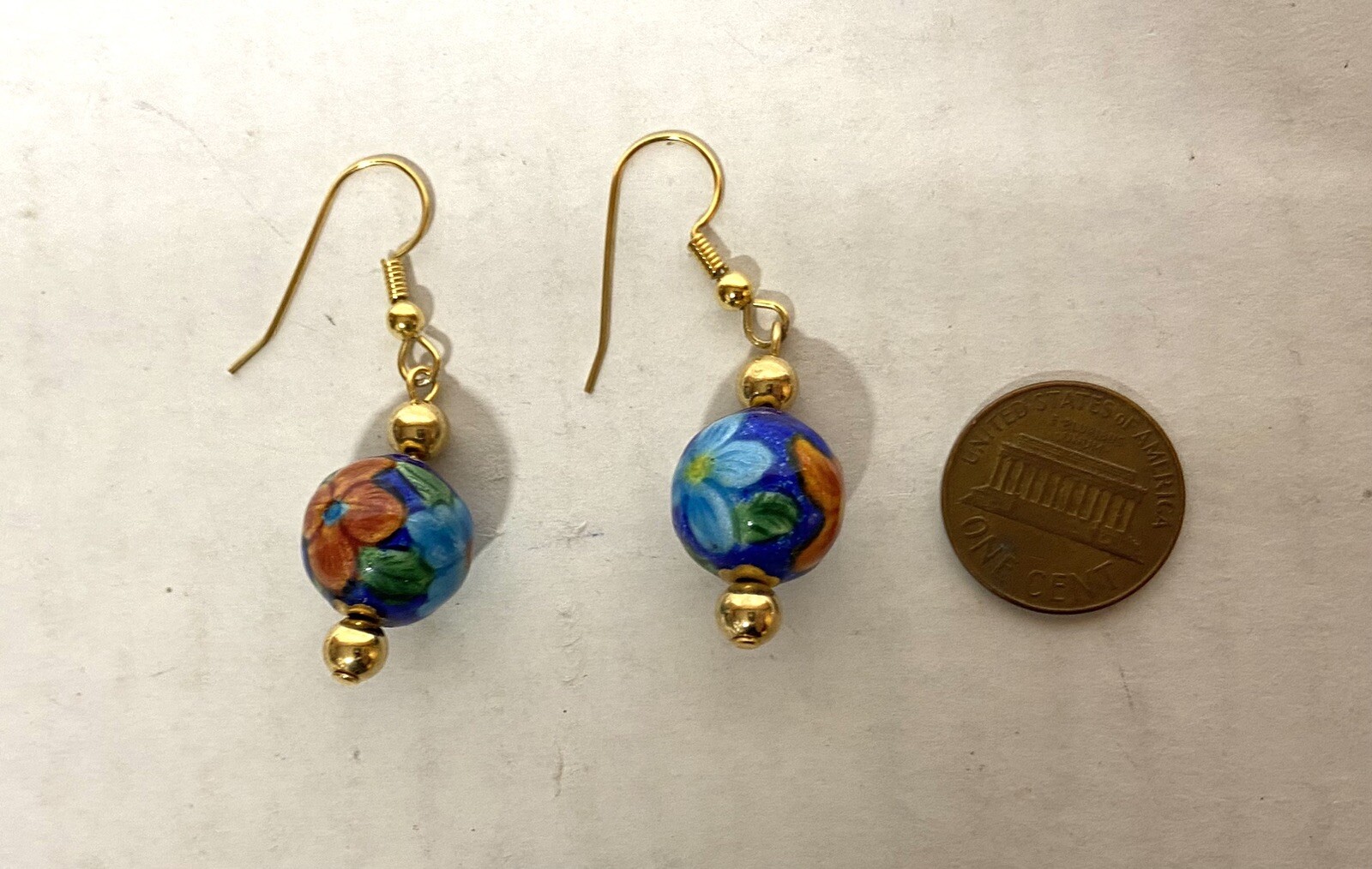 Vtg. Chinese Enamel Dangle Earrings Ball-Gold Tone-asst color flowers on Dk Blue