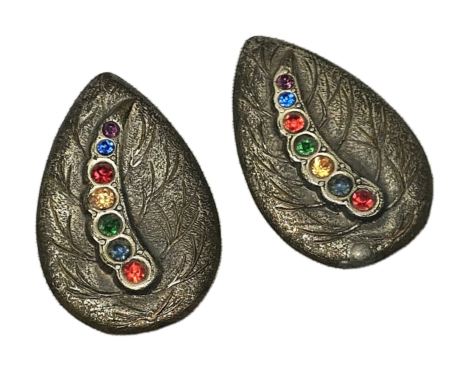 Antique Art Deco Bejeweled Metal Leaf Clip On Earrings | Appr 1.5″L & .75″W