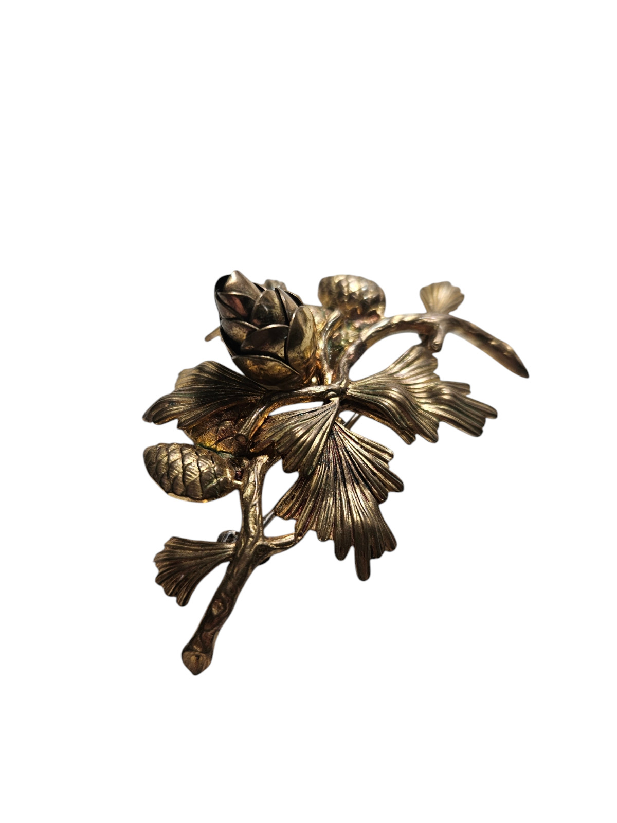 Vintage Textured Brass Articulated Pine Cone Branch Brooch/Pin~2.5″ X 1 5/8″