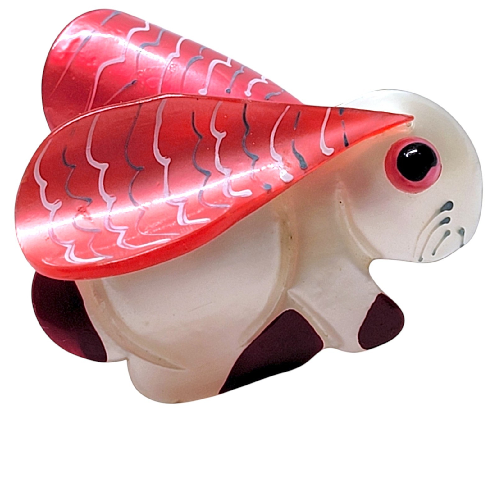 40s Bunny Brooch Vintage Figural Rabbit Pin of White & Red Acetate / Spun Nylon