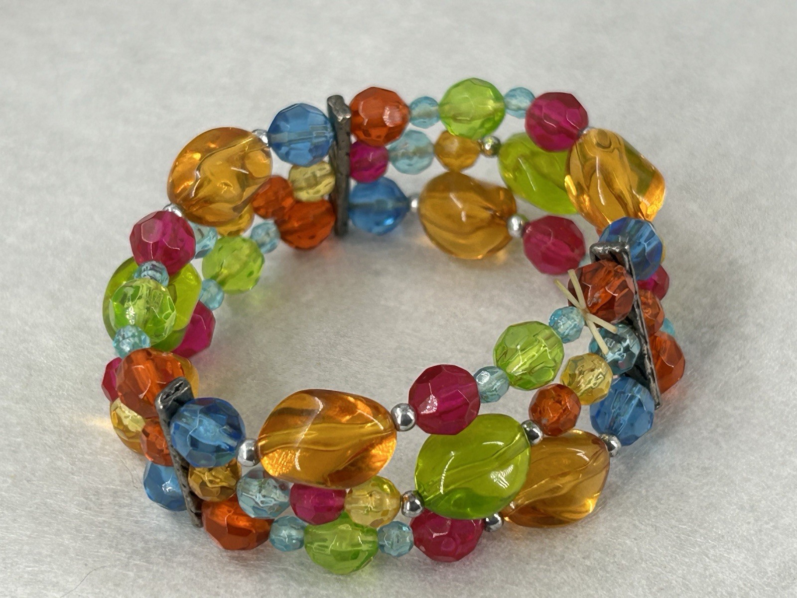 Vintage Colorful Lucite Triple Band Stretch Bracelet Green Blue Pink Orange