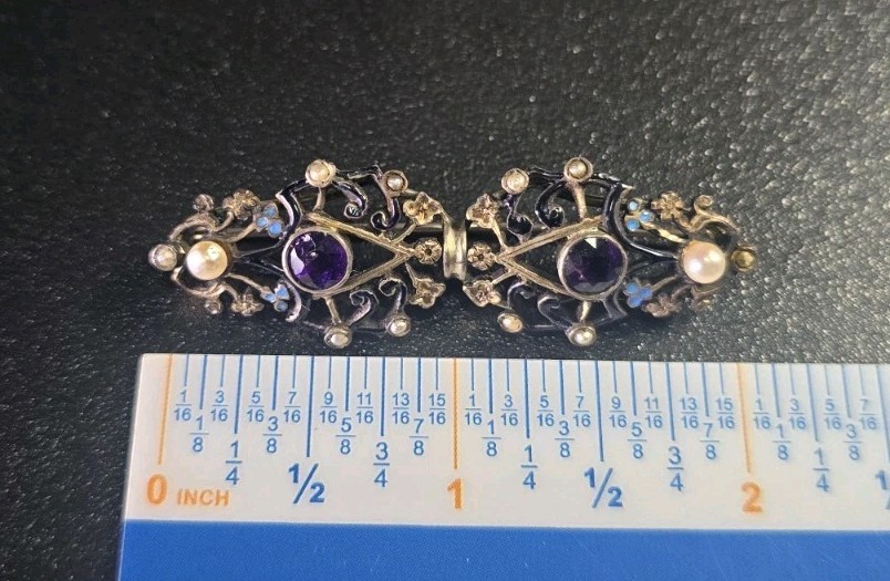 Antique Art Deco Silver Czech Glass & Seed Pearl Enamel Brooch