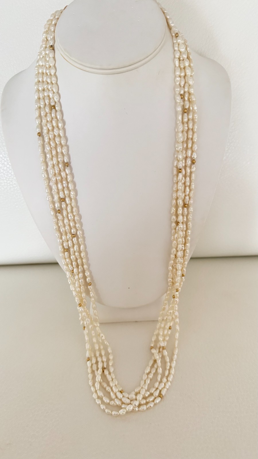 VINTAGE 5 STRAND FRESHWATER RICE PEARL NECKLACE 14K GOLD FILGREE CLASP 31″ OPERA