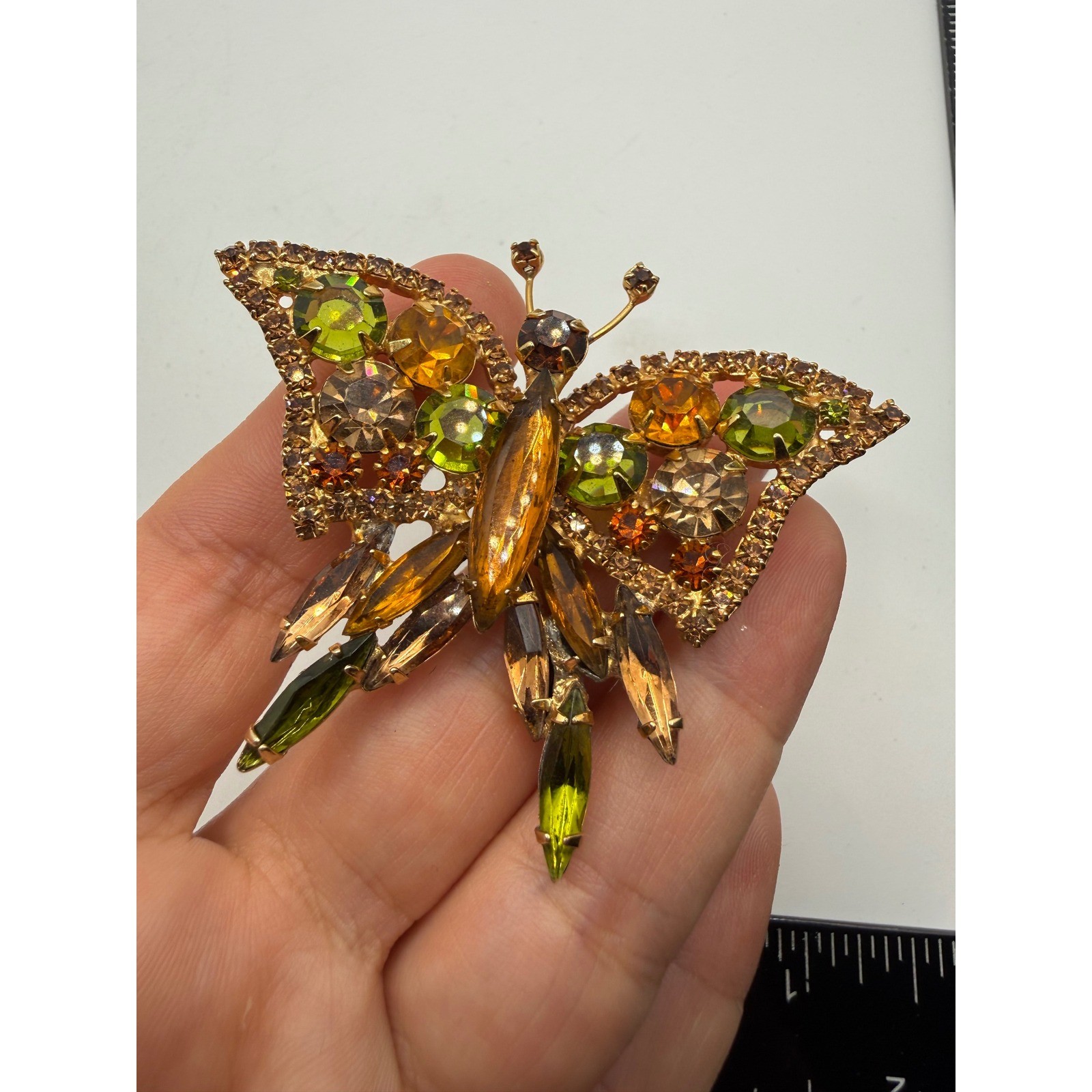 Vintage Juliana Delizza & Elster D&E Butterfly Brooch Green Amber Topaz Pin