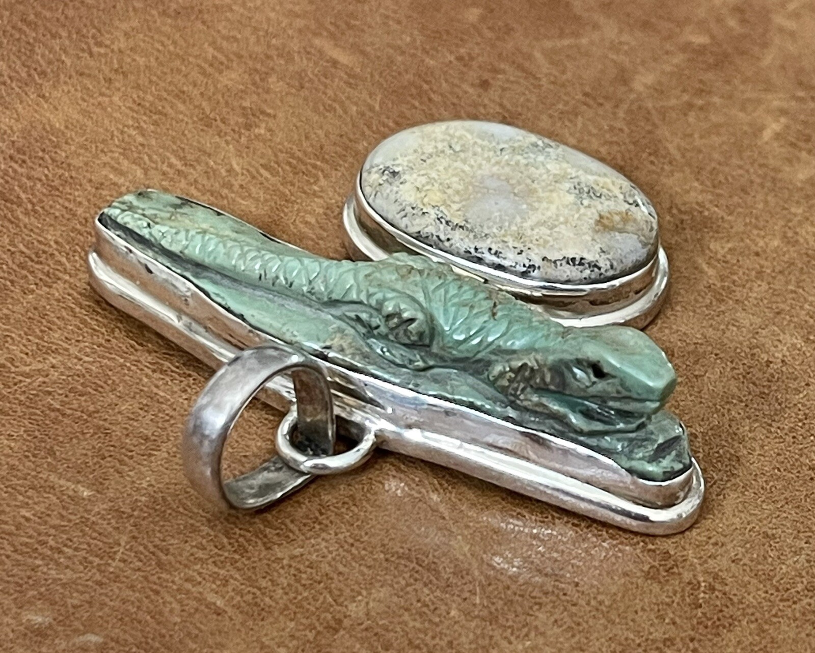 Vintage 925 Green Turquoise, Jasper Artist Created Lizard Motif Large Pendant