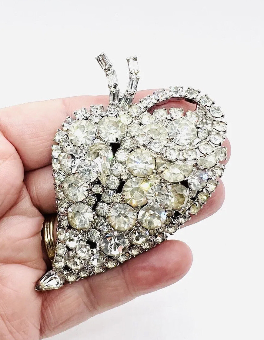 HUGE Sparkling Clear Rhinestone Stylized Fruit Brooch 3 1/4 Inch Vintage Jewelry