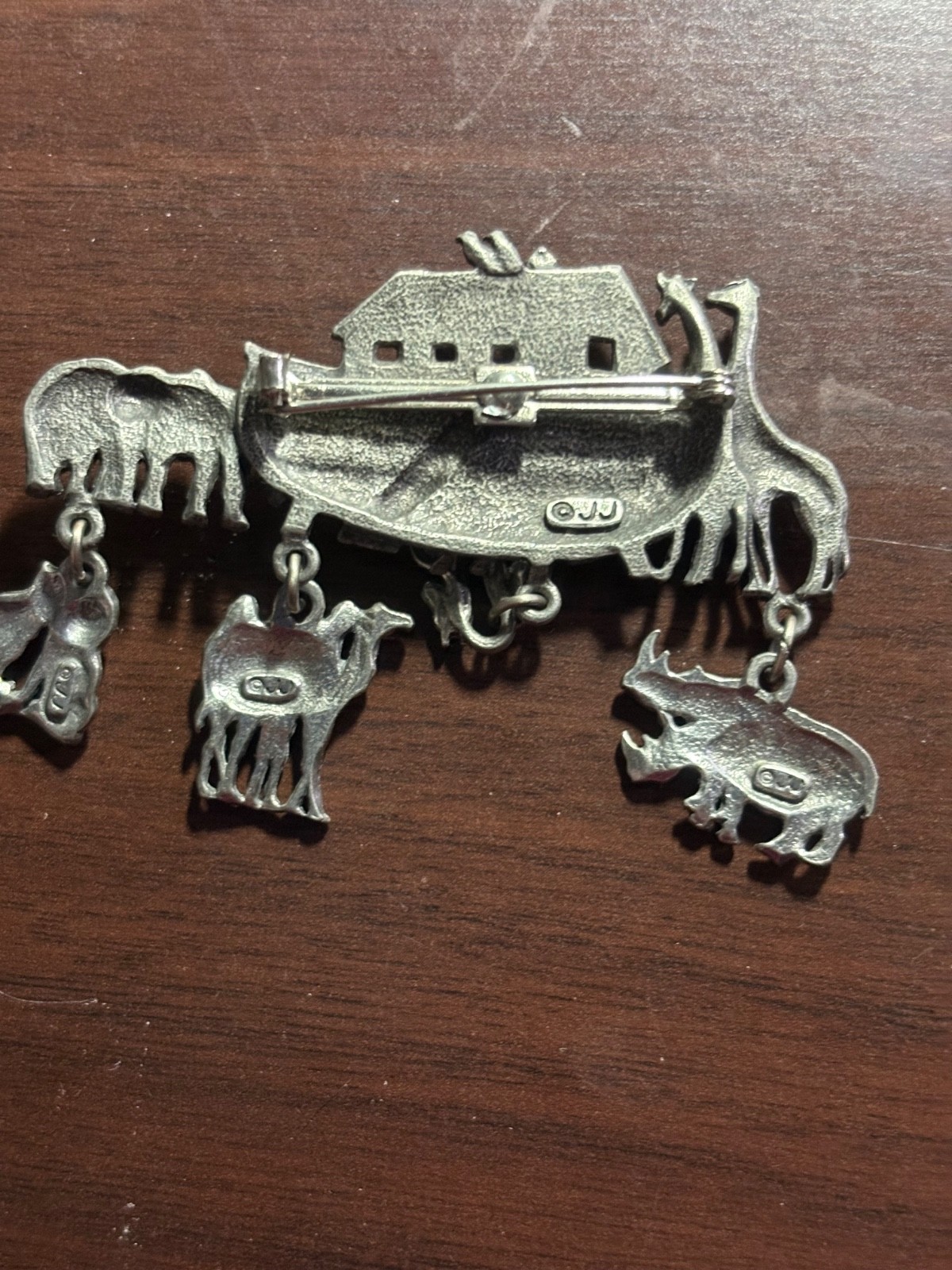 Vintage Noah’s Ark Dangling Animal Brooch Pewter Tone  Signed Jonette Jewelry