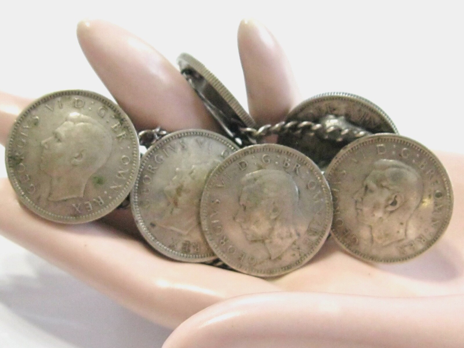 GOOD LUCK ENGLISH 1940’S 6 GREAT BRITAIN SIXPENCE COIN WEDDING LINE 7″ BRACELET