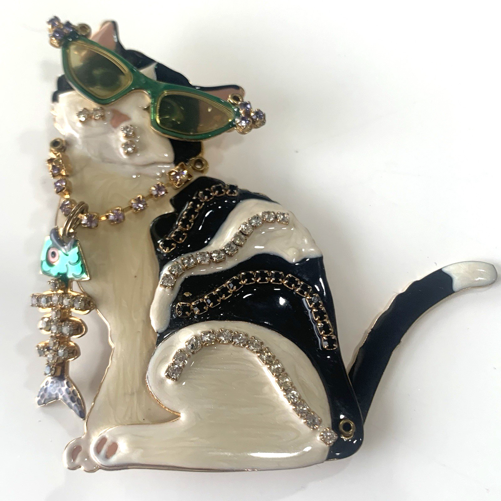 Lunch At The Ritz Cat Brooch Pendant Enamel Rhinestone Sunglasses Fish Charm Vtg