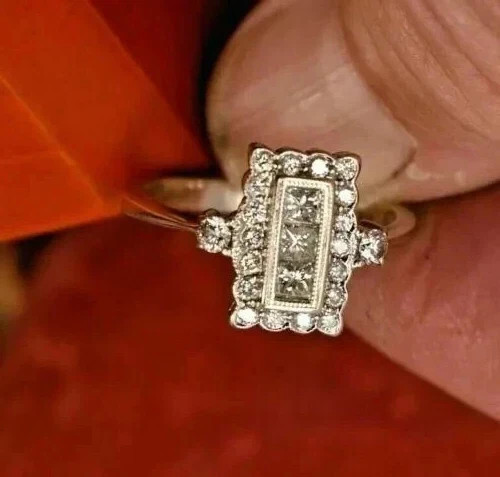 Art Deco Style Princess Lab Created Diamond Wedding Gift 14K White Gold FN Ring