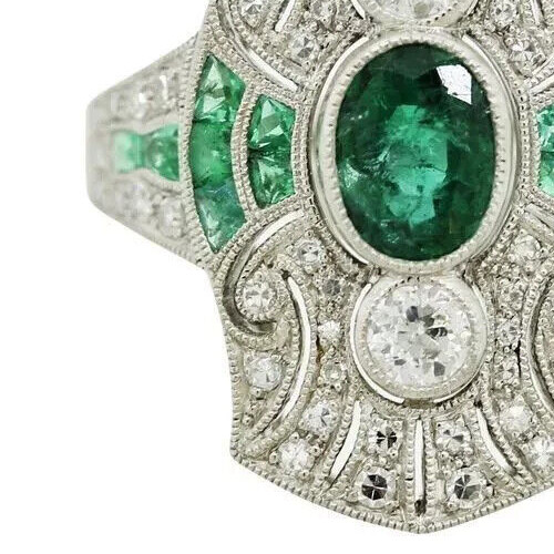 Art Deco Oval Emerald & Lab Created Diamond 14K White Gold FN Anniversary Ring