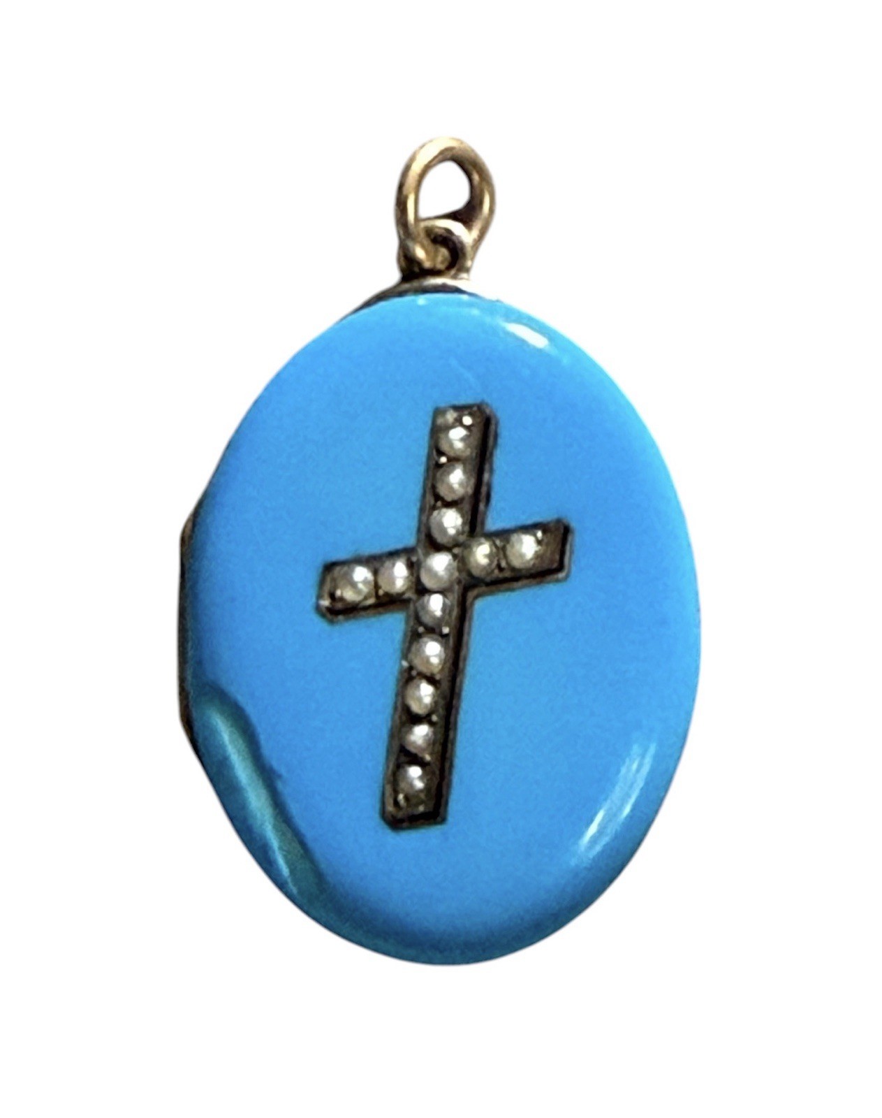 Antique Victorian Etruscan 14k Solid Yellow Gold Blue Enamel Locket Pendant