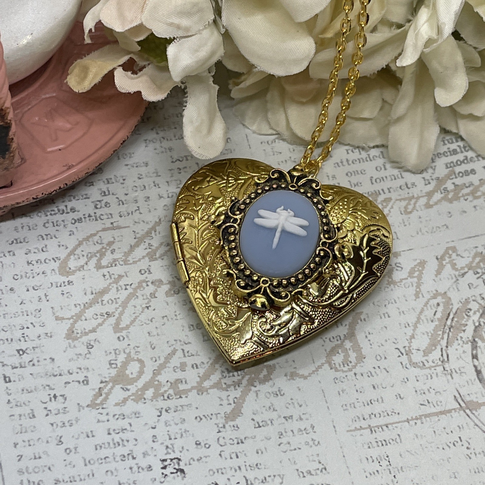 Gold Heart Locket Blue Wht Birthday Anniversary Wedding Dragonfly Cameo Necklace