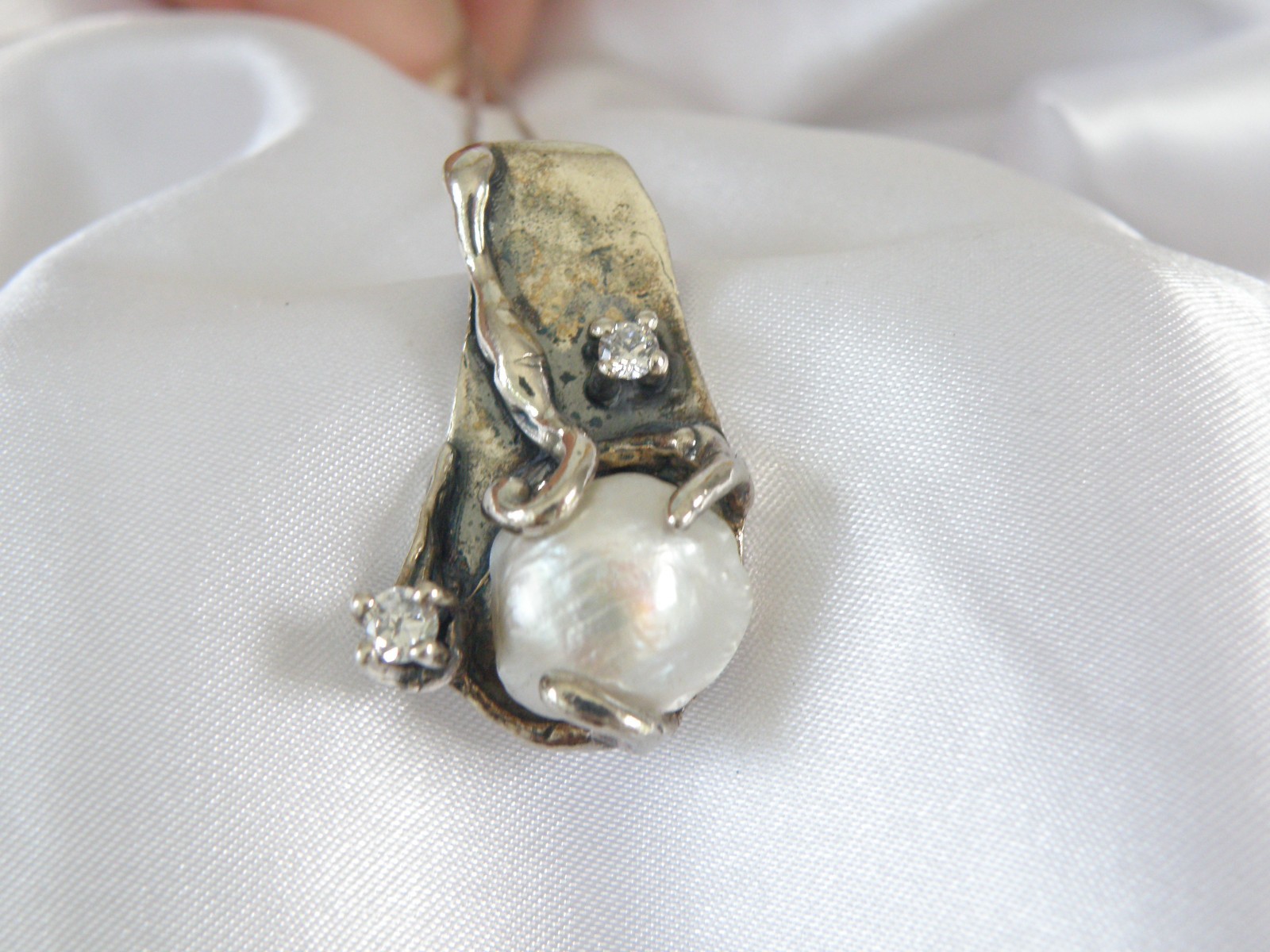 Brutalist Sterling Silver 925 Baroque Pearl Modernist Pendant Necklace