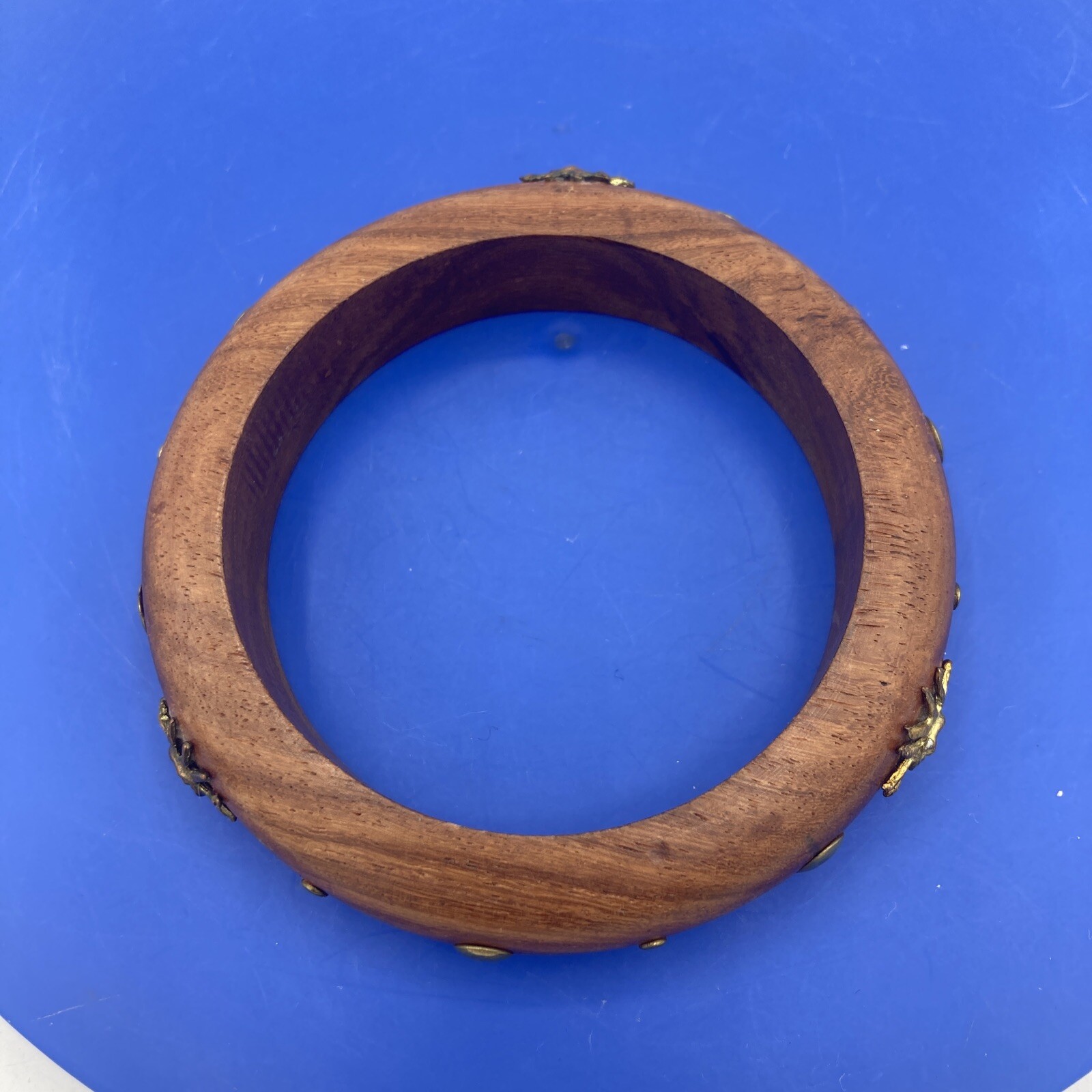 Vtg Wood Cuff Bangle Bracelet Brass Sun & Studs Celestial Boho Whimsigoth 5.5”