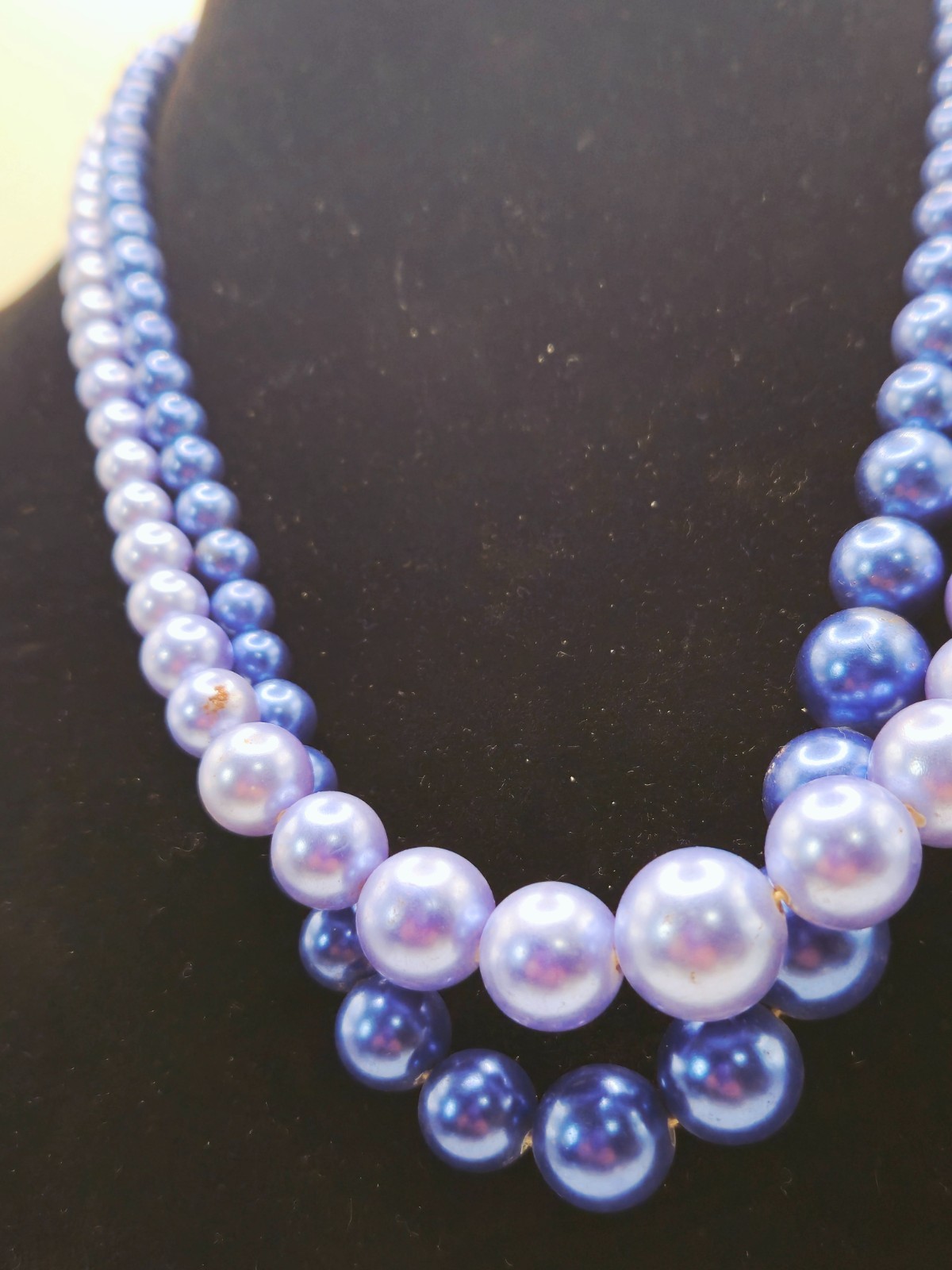 Vintage Double Strand Blue Faux Pearl Necklace Graduated Beads Hook Clasp