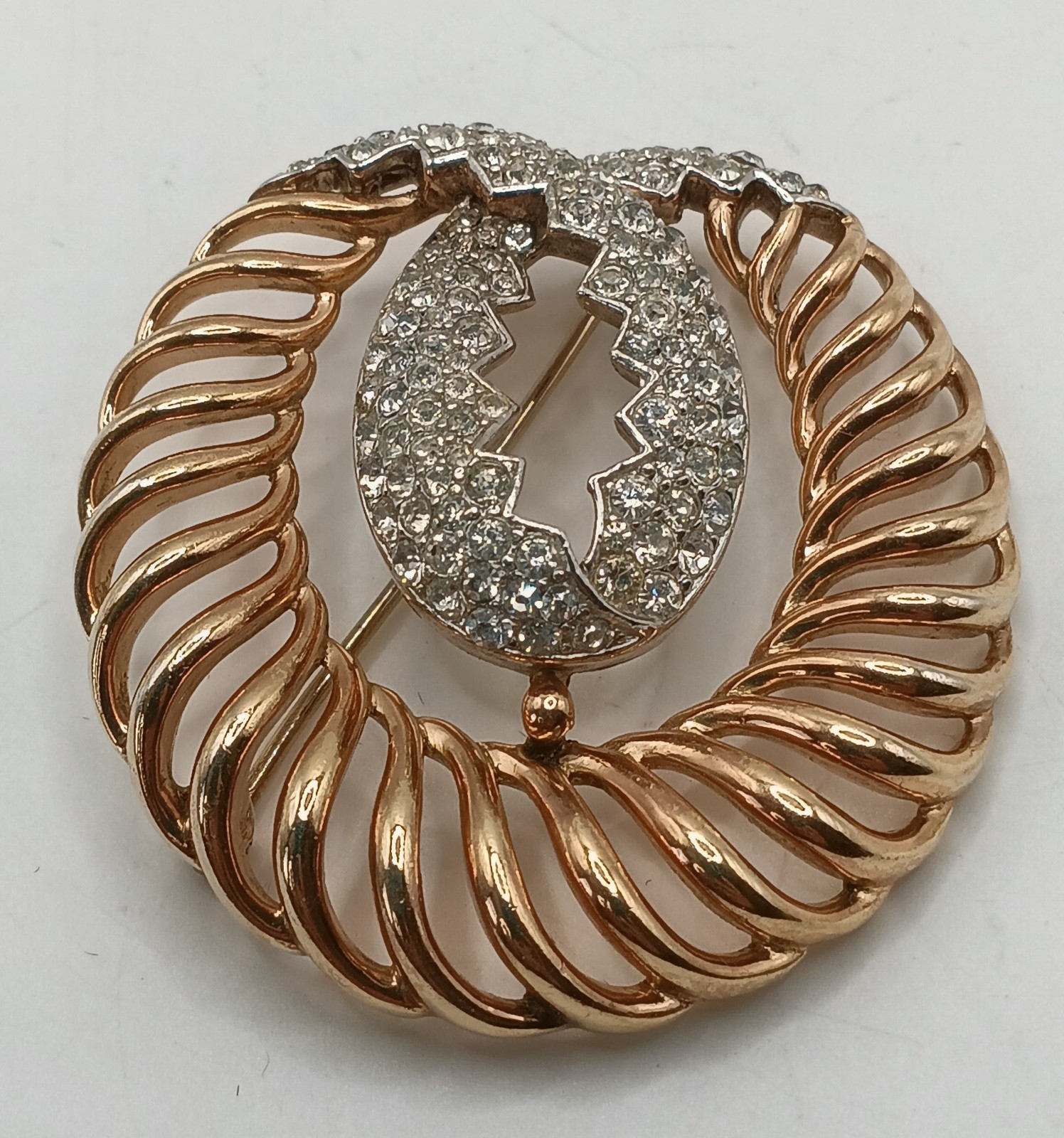 Vintage TRIFARI Pat Pend Rhinestone Swirl Brooch Pin Gold Tone Two Tone Circular