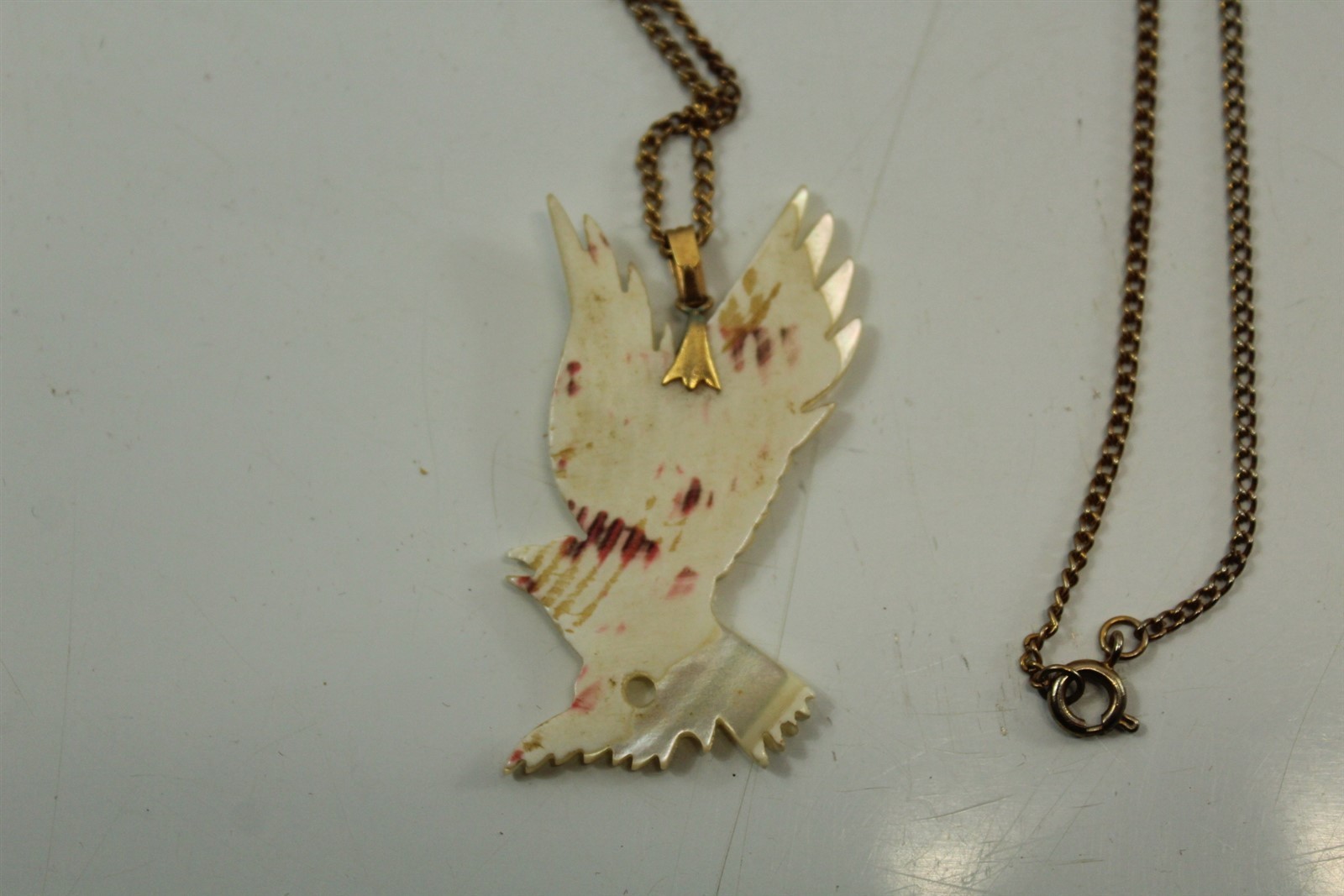 Vintage Hand Carved Shell Flying Eagle Pendant Necklace w/ Goldtone Alloy Chain