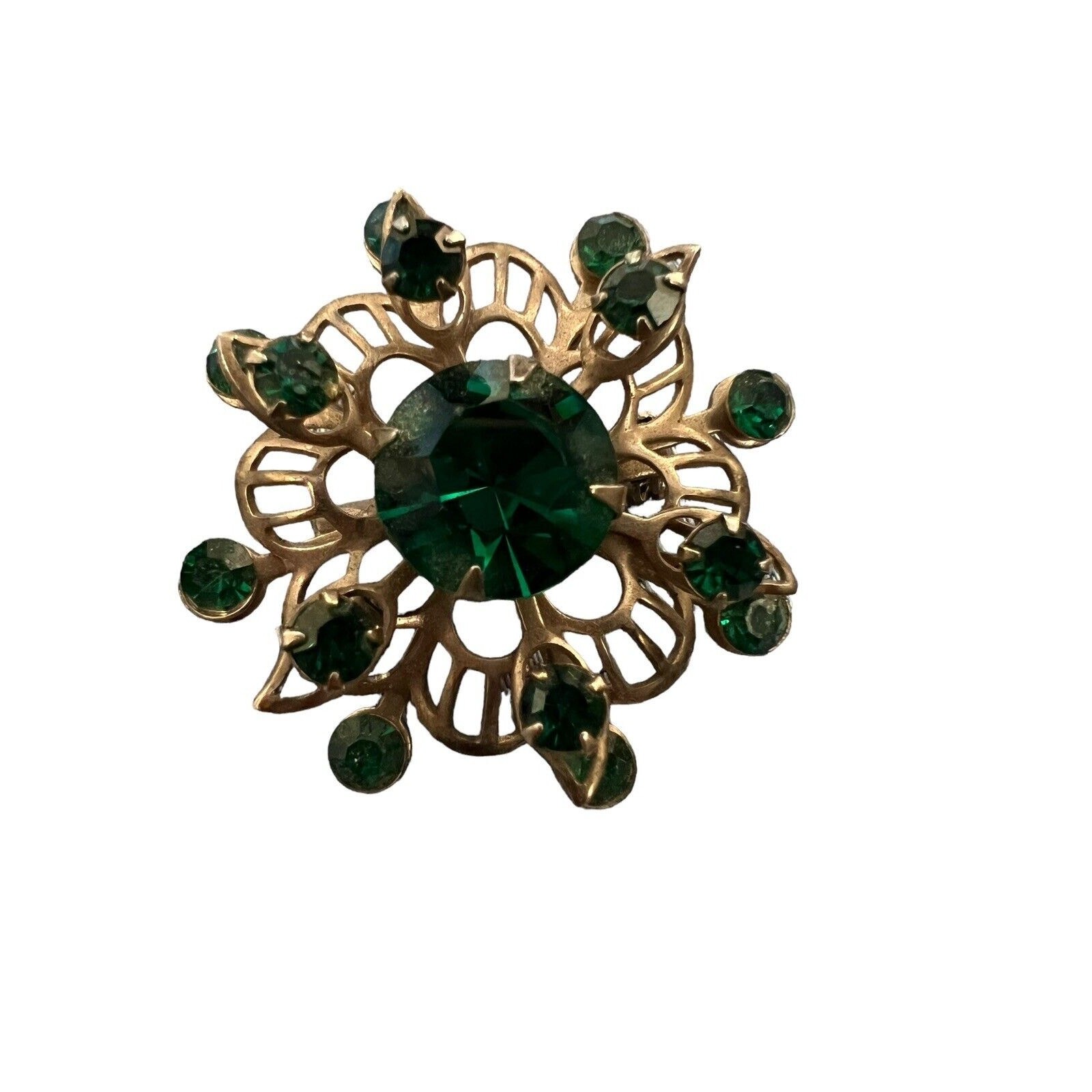 Rhinestone Faux Emerald Ruby Flower Gold Tone BROOCH Pin Vtg Jewelry Set Of 2