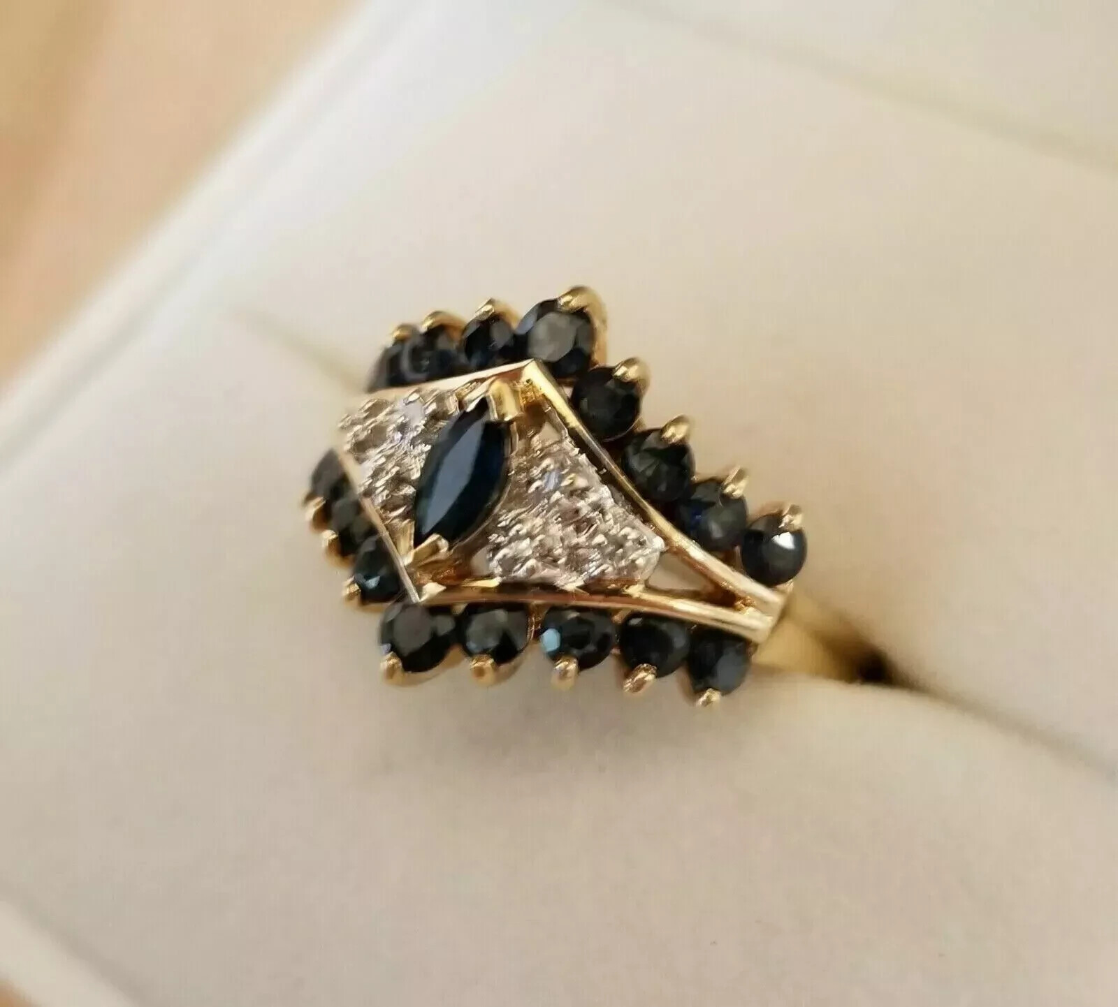 Art Deco Style Marquise Sapphire & Lab Created Diamond 14K Yellow Gold FN Ring