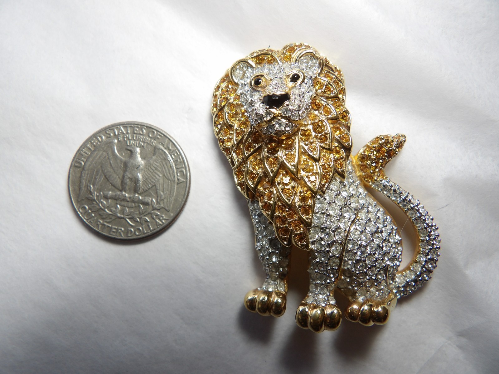 Swarovski Swan Signed Gold Plated Orange/Clear Pave Crystals Lion 2.25” Brooch