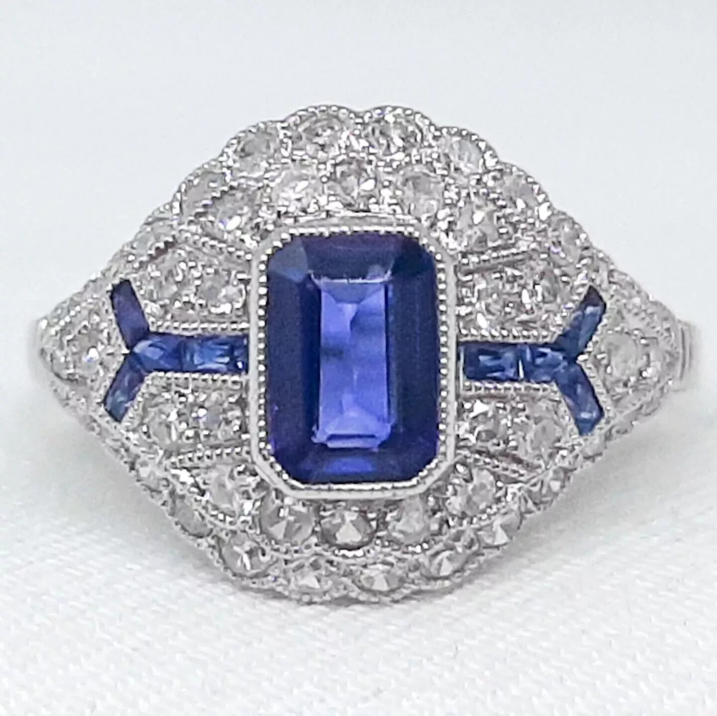 Art Deco Style 2.5Ct Sapphire Lab Created Diamond 14K White Gold FN Wedding Ring