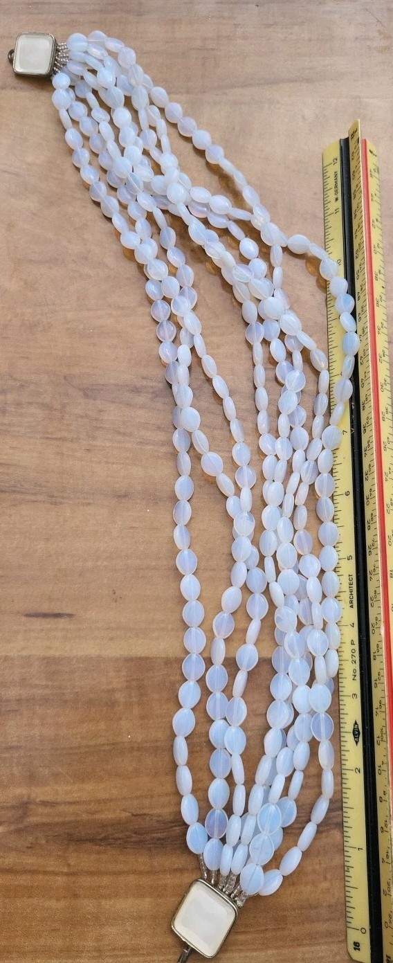 SALE! VINTAGE MULTI ROW OVAL OPAL ALABASTER GLASS BEAD CHOKER NECKLACE WOW!