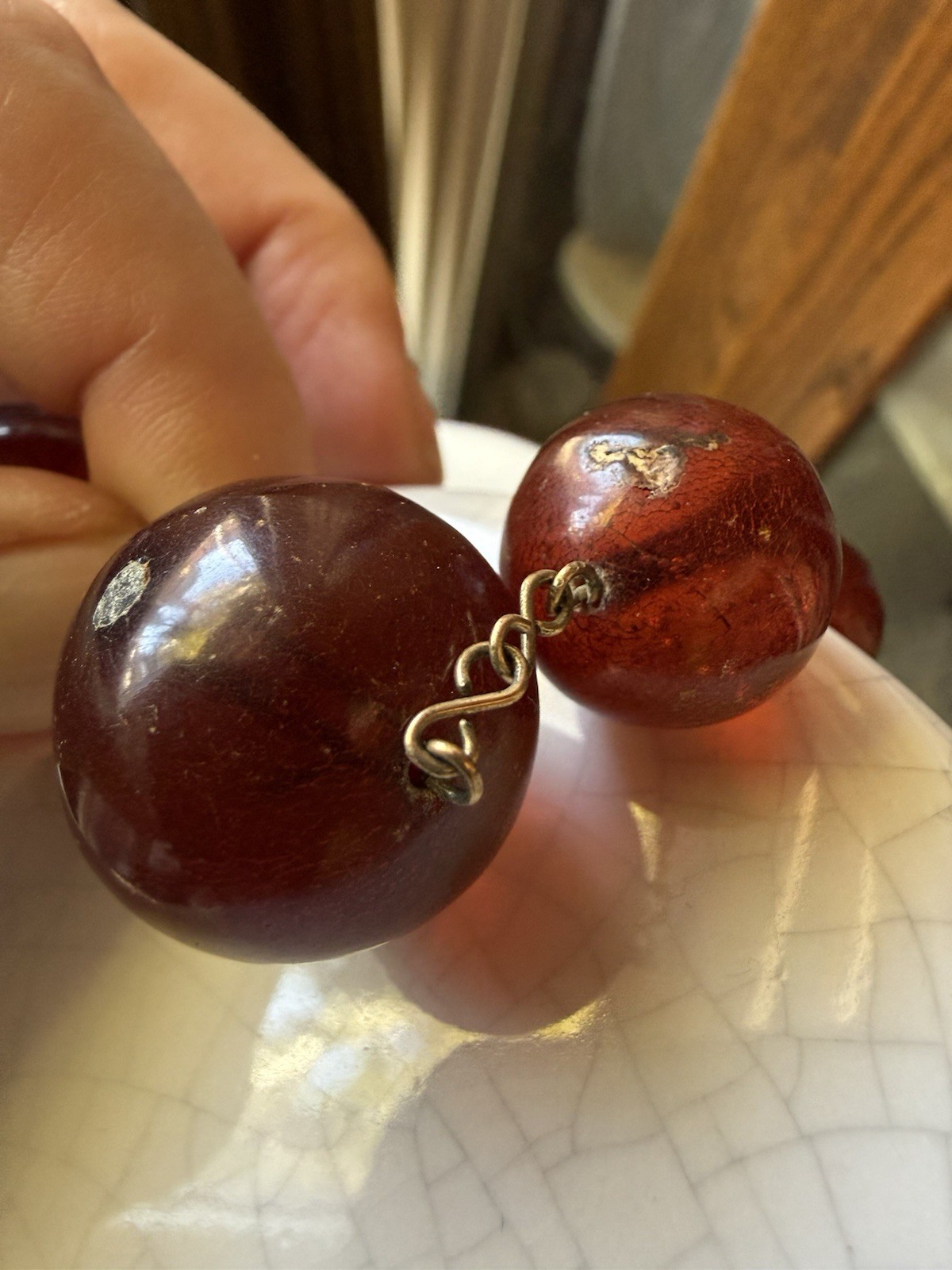 Vintage Catalin Cherry Amber Graduated Bead Necklace 27” 44g Original Hook Clasp