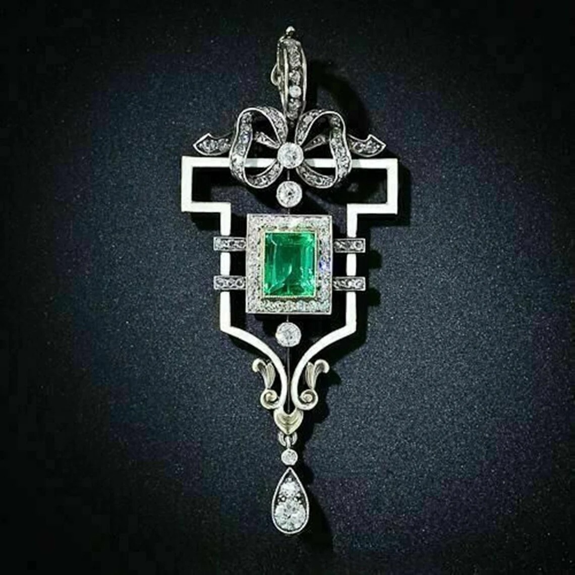 Green Emerald & White Lab Created Diamond Wedding 14K White Gold Finish Pendant