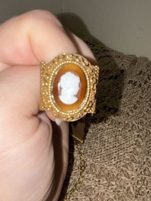 Vintage Gold Tone Mesh Choker Necklace with Oval Cameo Centerpiece