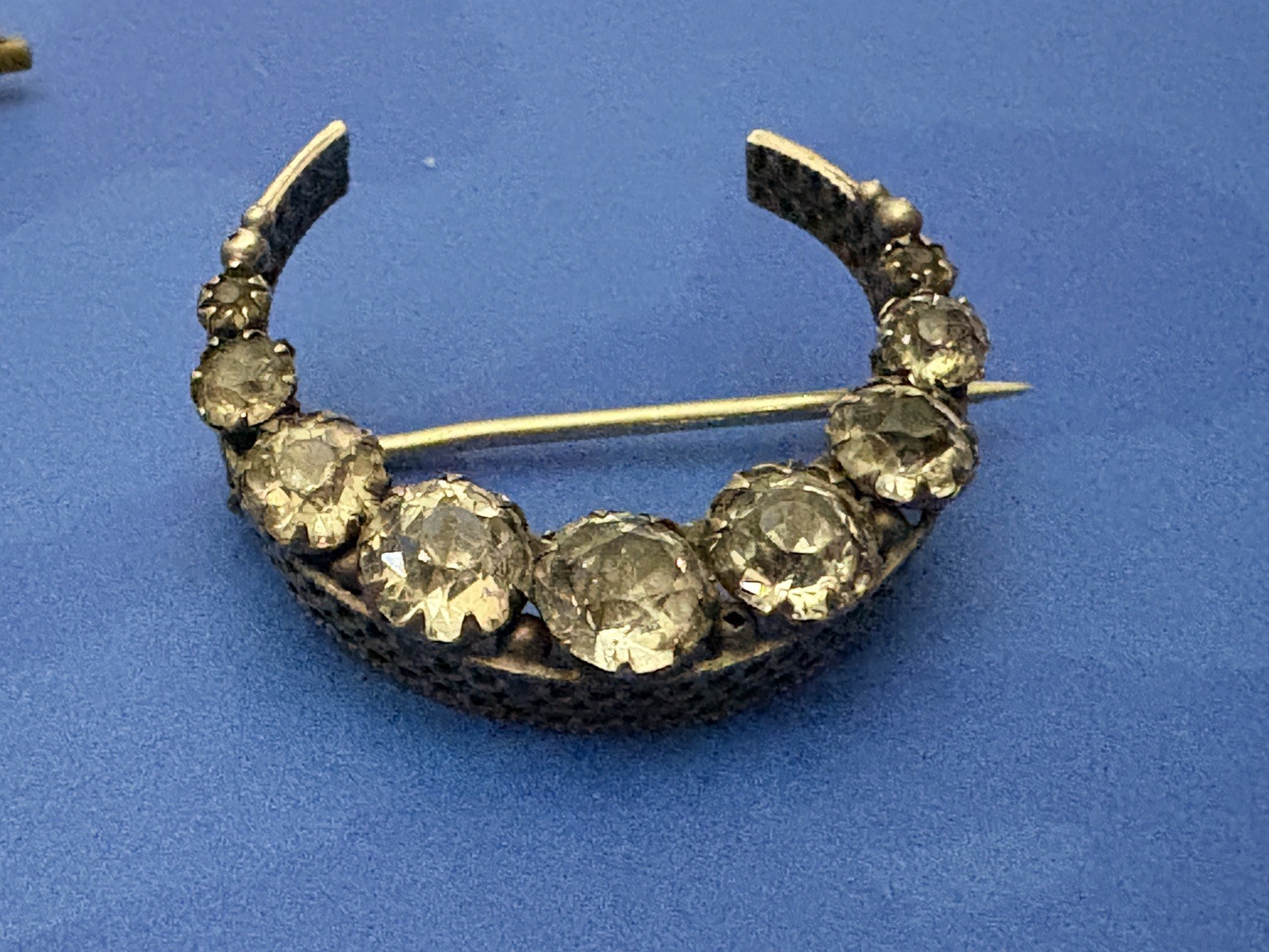 Antique Edwardian Paste Stones Set In Celestial Crescent Moon Brooch Pin