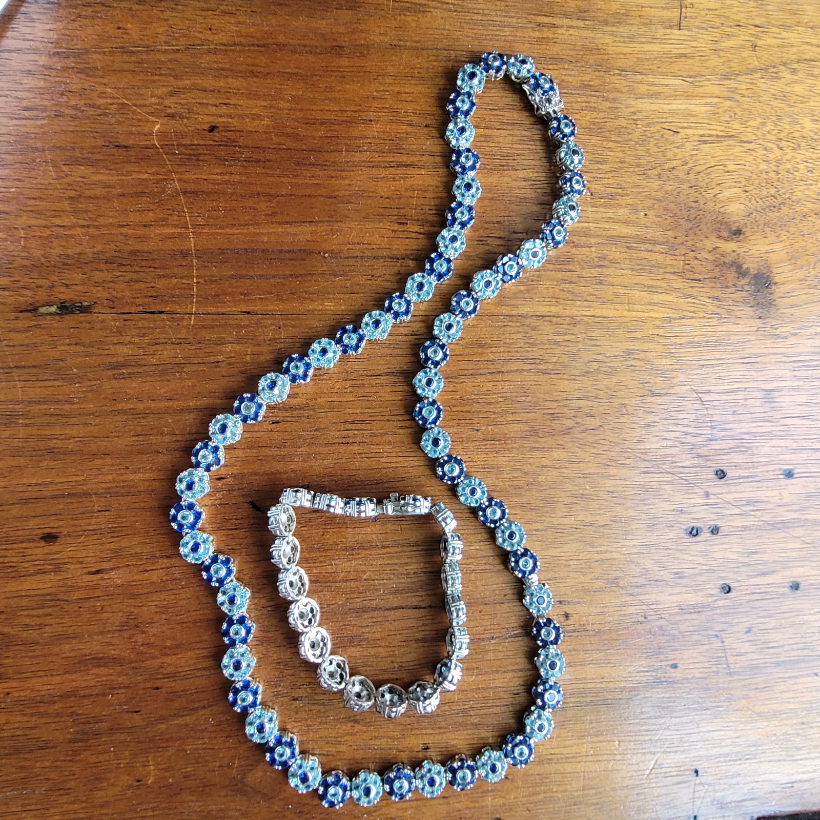 Silver Tone Blue Flower Necklace and Matching Bracelet Set Handmade
