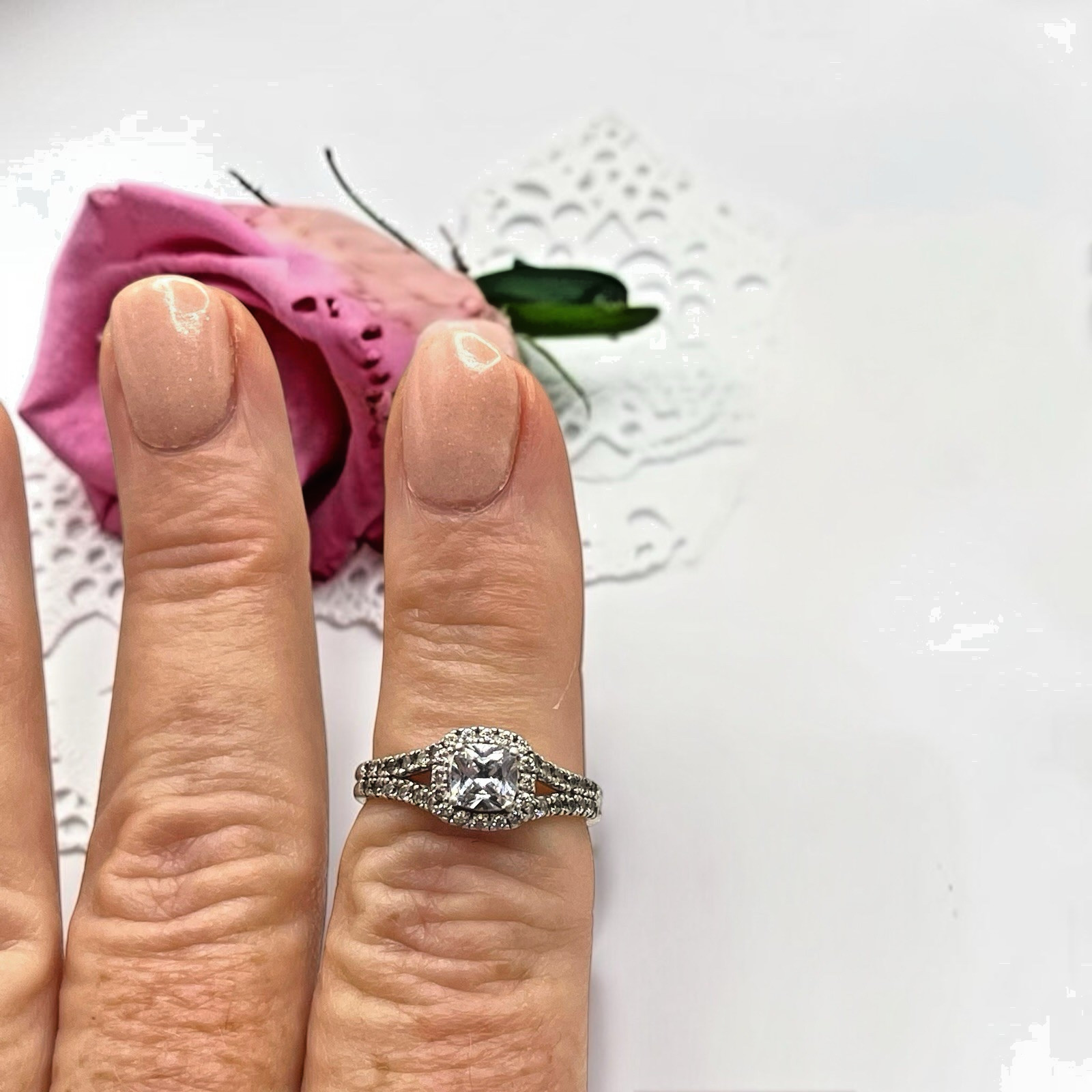 Vintage EC 925 Sterling Silver CZ Halo Accent Split Shank Ring, size 7