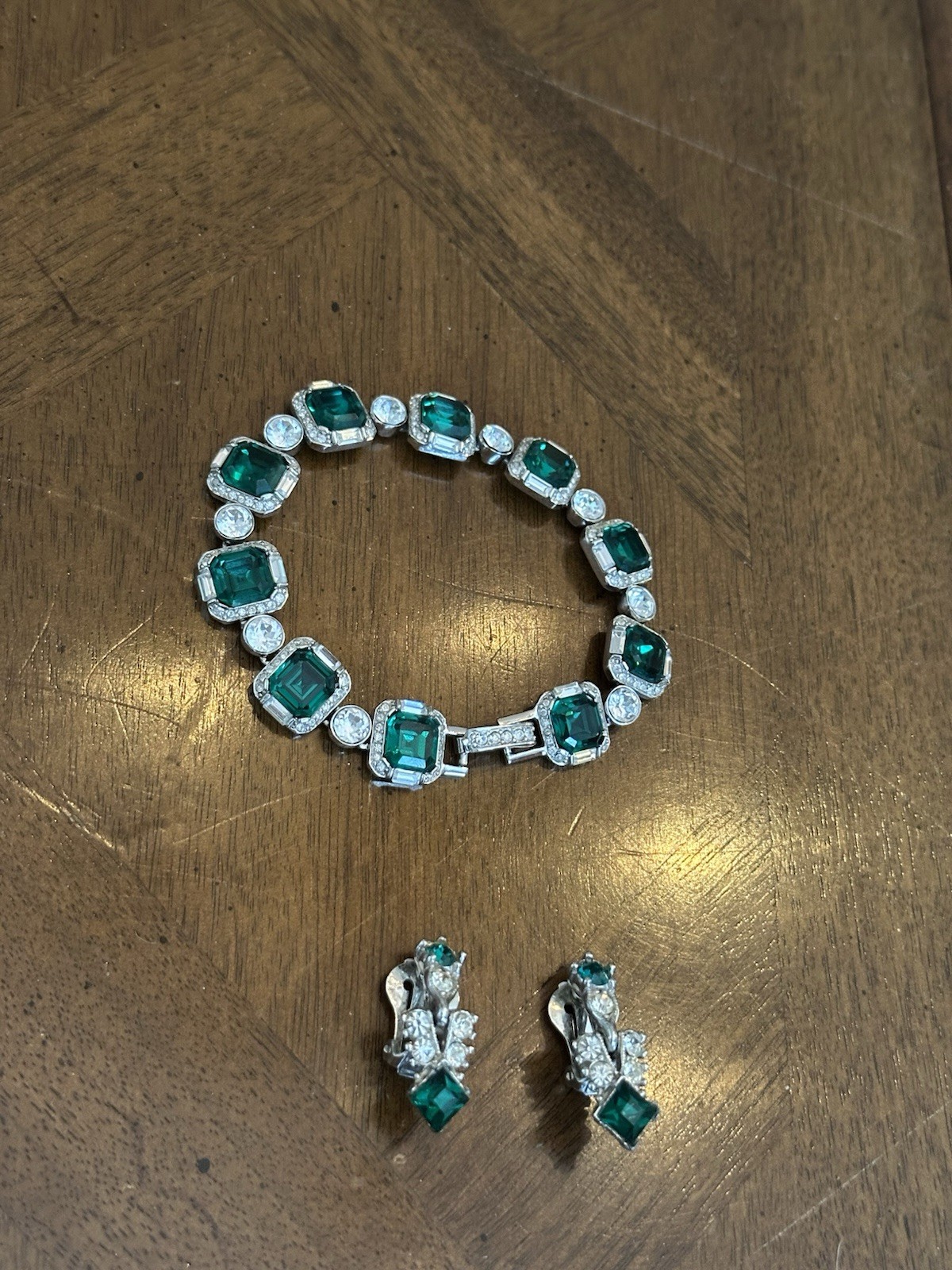Vintage Bogoff Emerald Green Rhinestone Bracelet & Earrings Set Signed Nice!