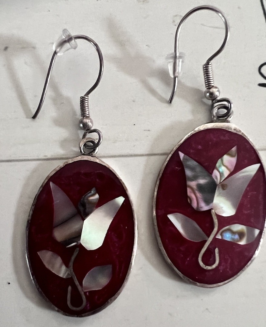 Vintage Mother of Pearl Alpaca Red Dangle Hook Earrings With Flower Floral