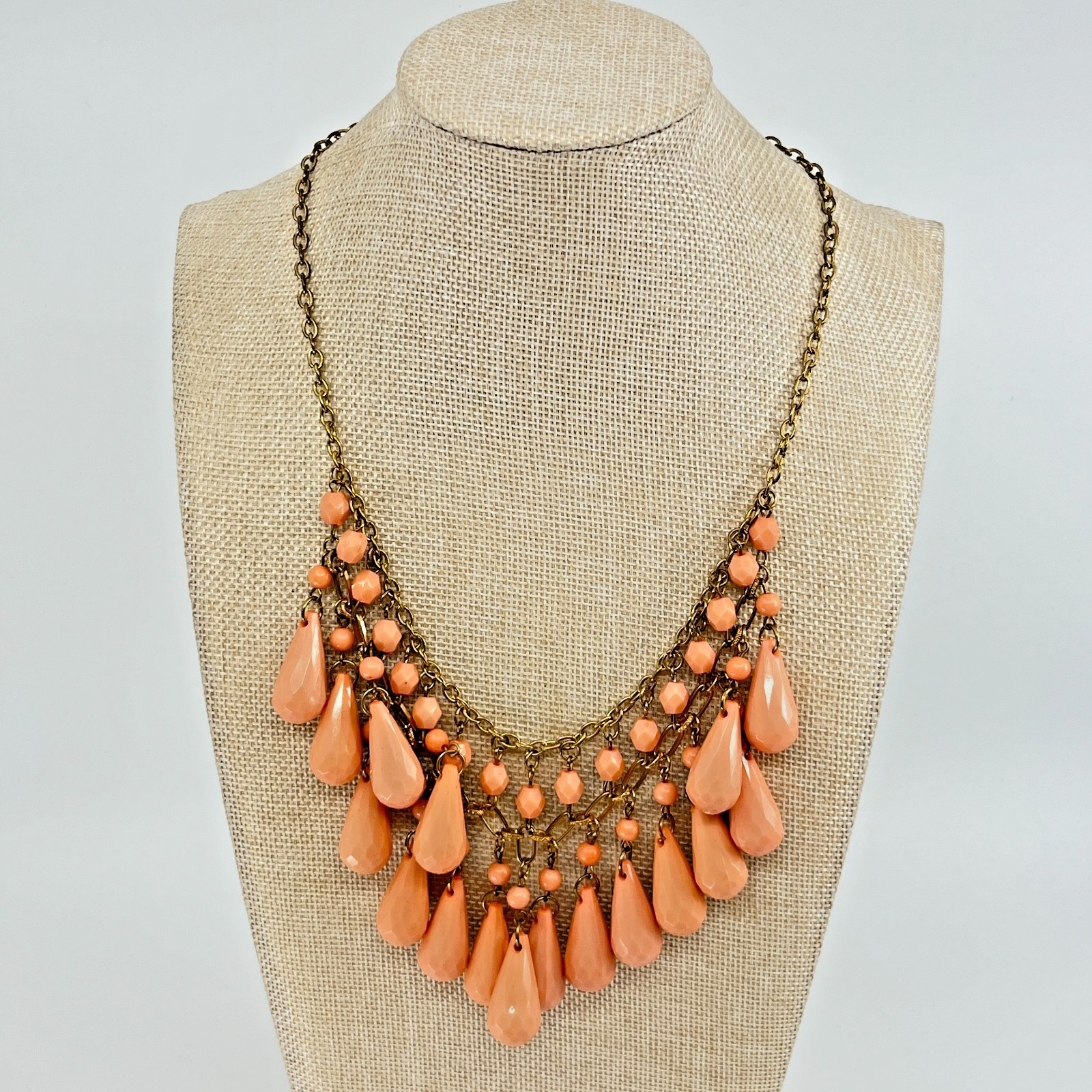 Vintage Retro Peach Teardrop Bib Necklace Antique Gold Tone Statement Jewelry
