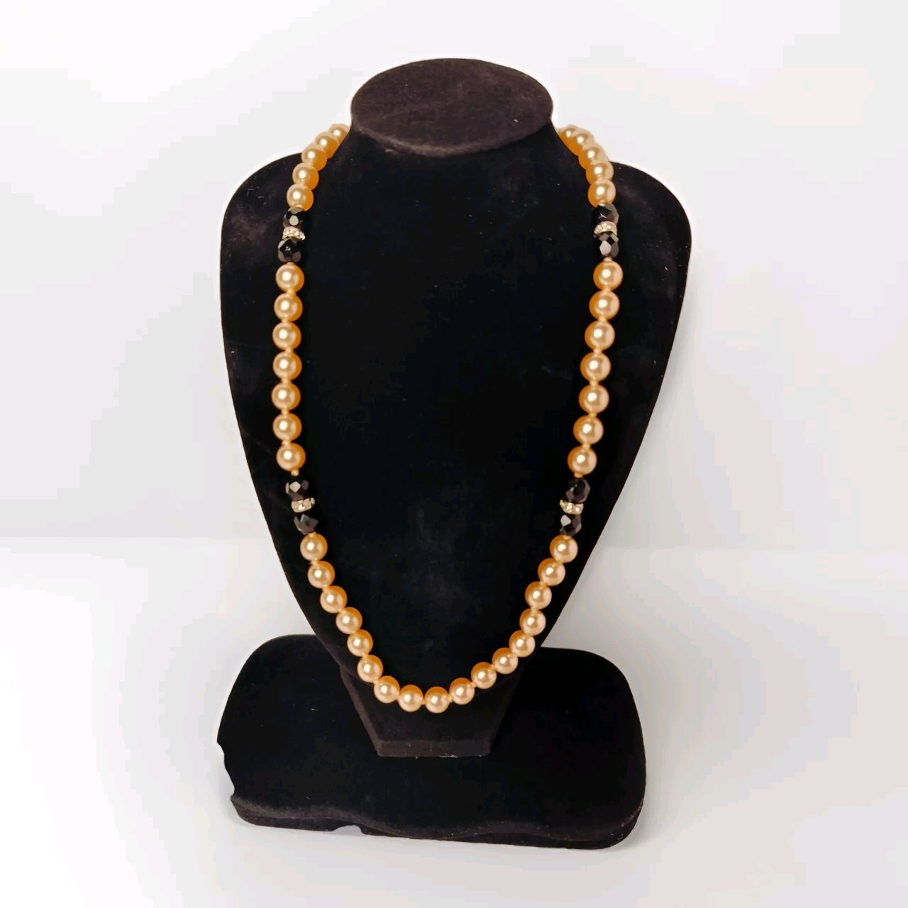 Vtg 90’s Faux Champagne Pearl Black Faceted Spinel Bead Rhinestones Necklace