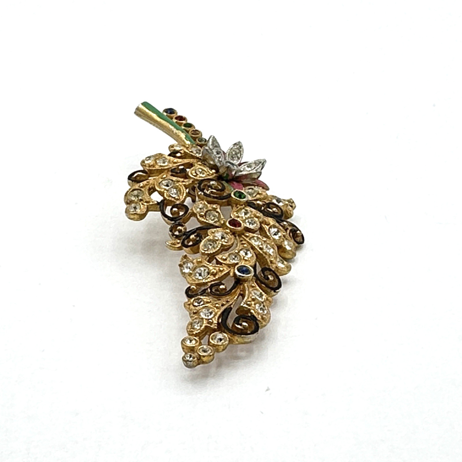 FLORAL SPRAY vintage brooch – 1940s pot metal enamel & rhinestone pin – colorful