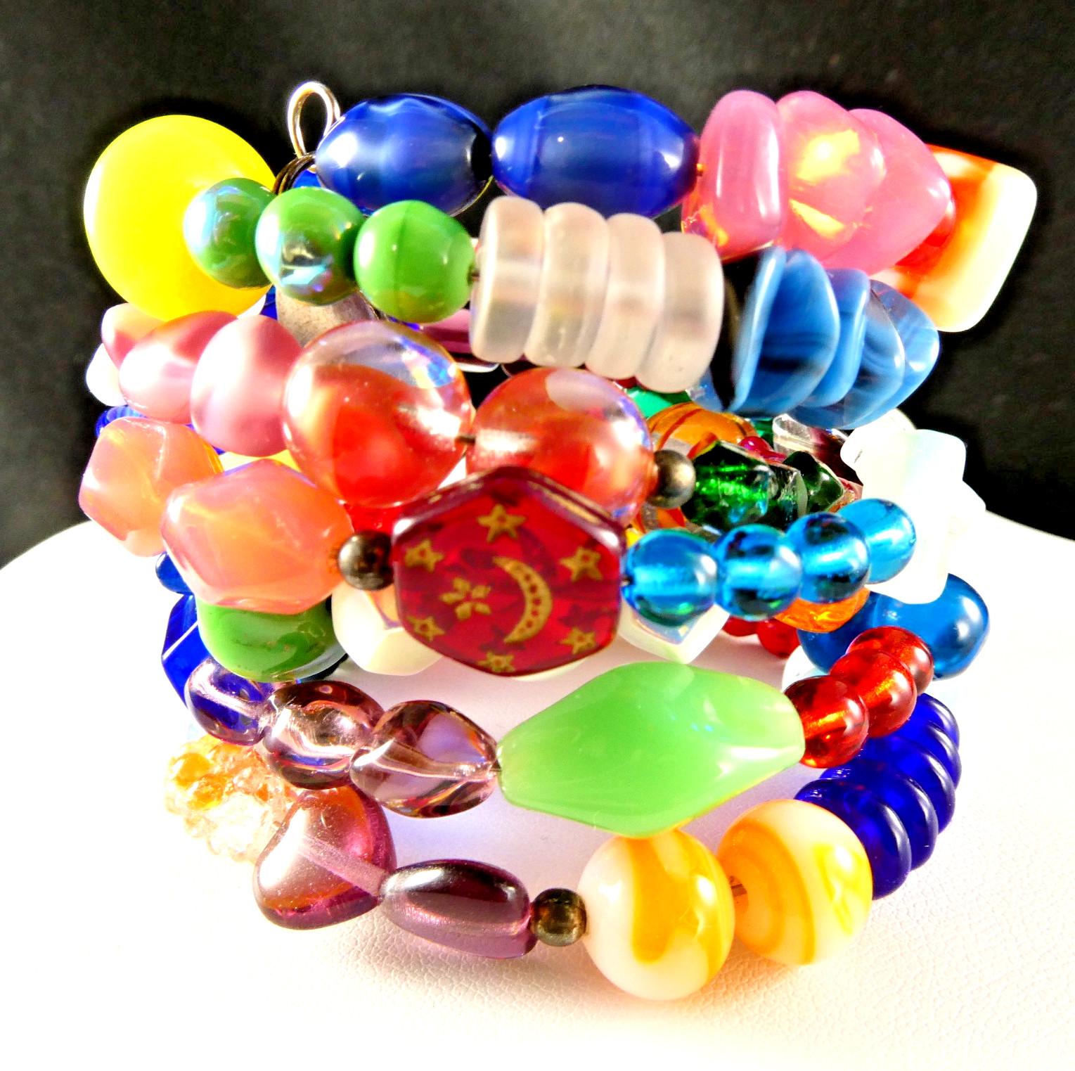 Vintage Fruit Salad Art Glass Coil Wrap Bracelet 2 Sterling Silver Charms HEART