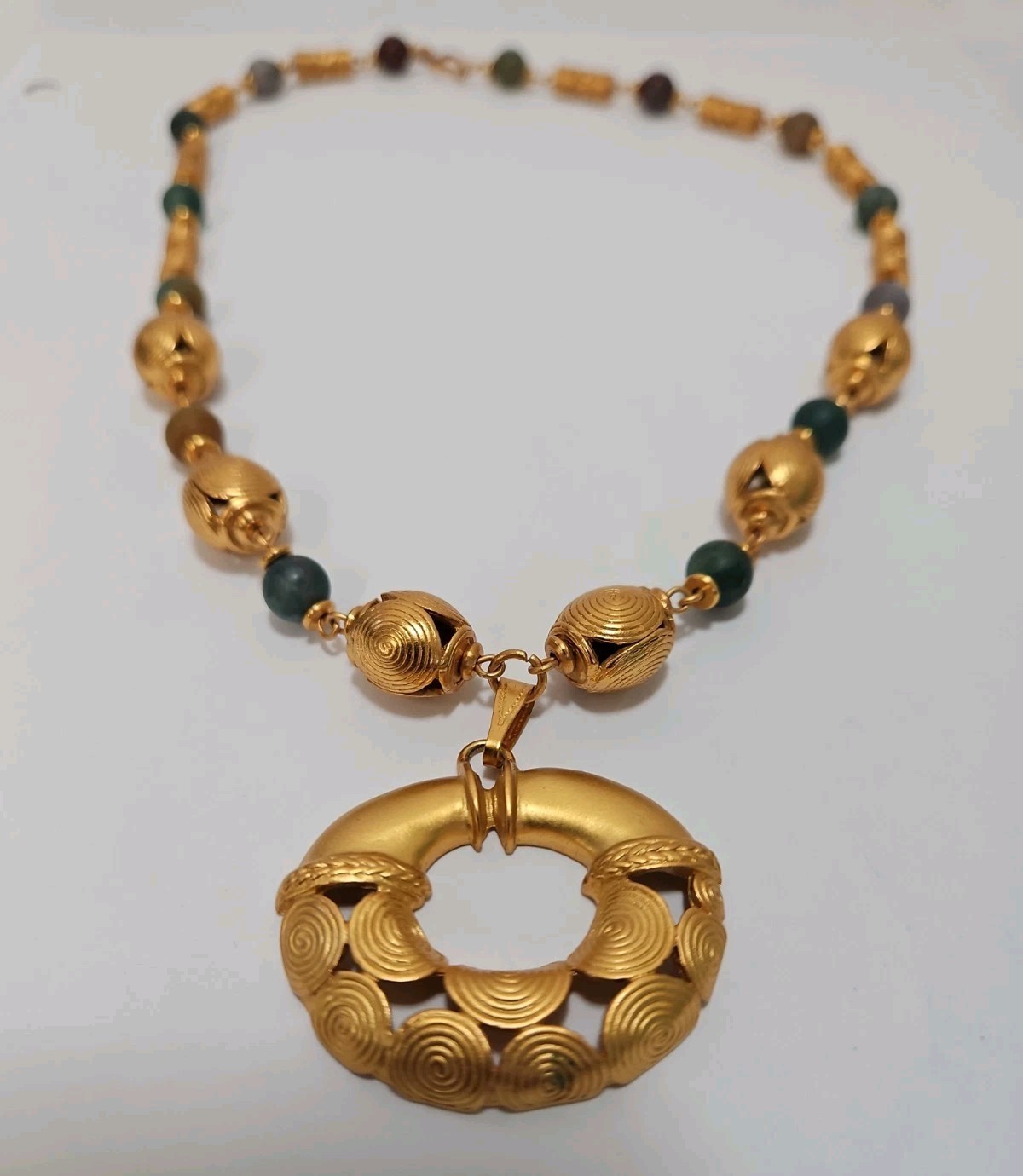 Gold Plated 24k PreColumbian Inca Pendant Necklace & Drop Earrings Set Faux Jade