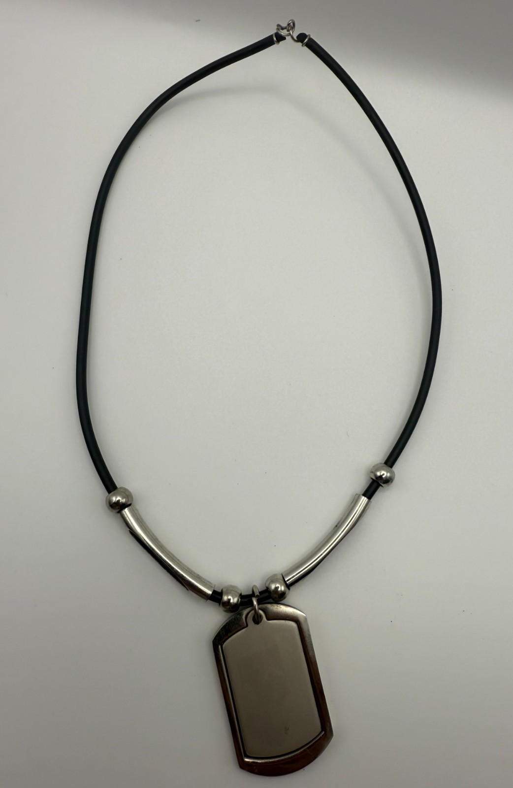 Black Cord Necklace with Silver-Tone Dog Tag Pendant