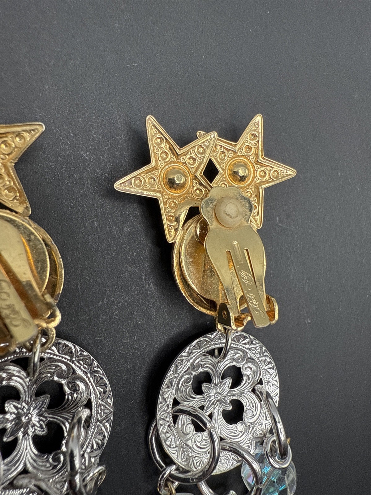 Kirks Folly Signed Silver Gold Tone Dangle Stars Moon Crystal Earrings C81