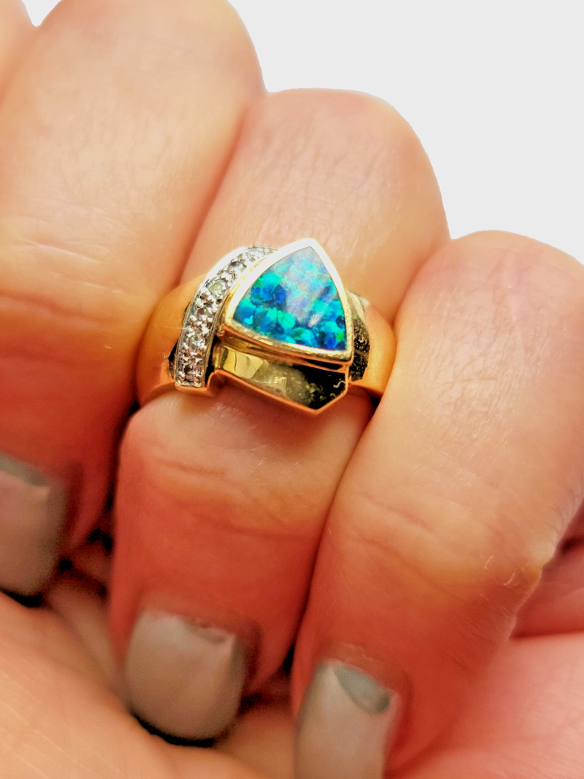 VTG Bogarz 14k YELLOW GOLD TRILLION Cut BOULDER OPAL – Ring SZ 7 5.21g BZ