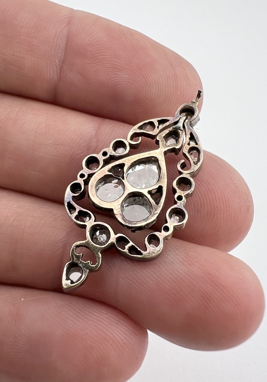 Antique Georgian Gold & Silver Rose Cut Diamond Cluster Dangle Pendant