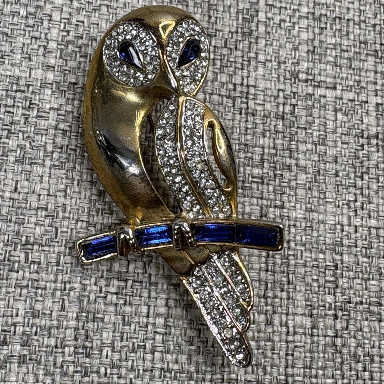 Vintage Gold Tone Owl Brooch Blue Baguette Eyes Rhinestone Pave Figural Pin